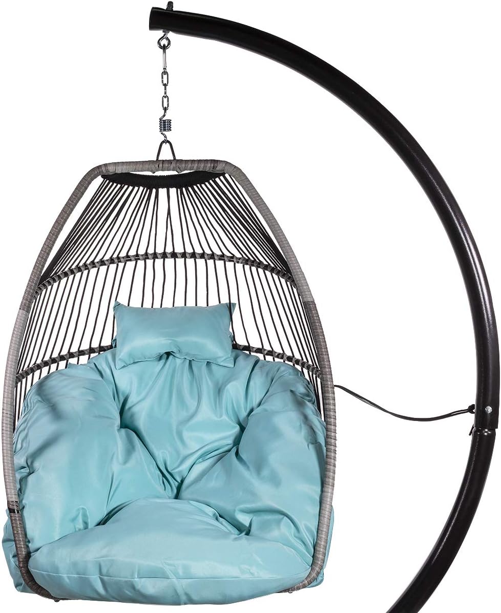 Barton Outdoor Wicker Hanging Chair Swing Chair Patio Egg Chair UV Resistant Soft Deep Fluffy Cushion Relax Basket Porch Lounge (Aqua)