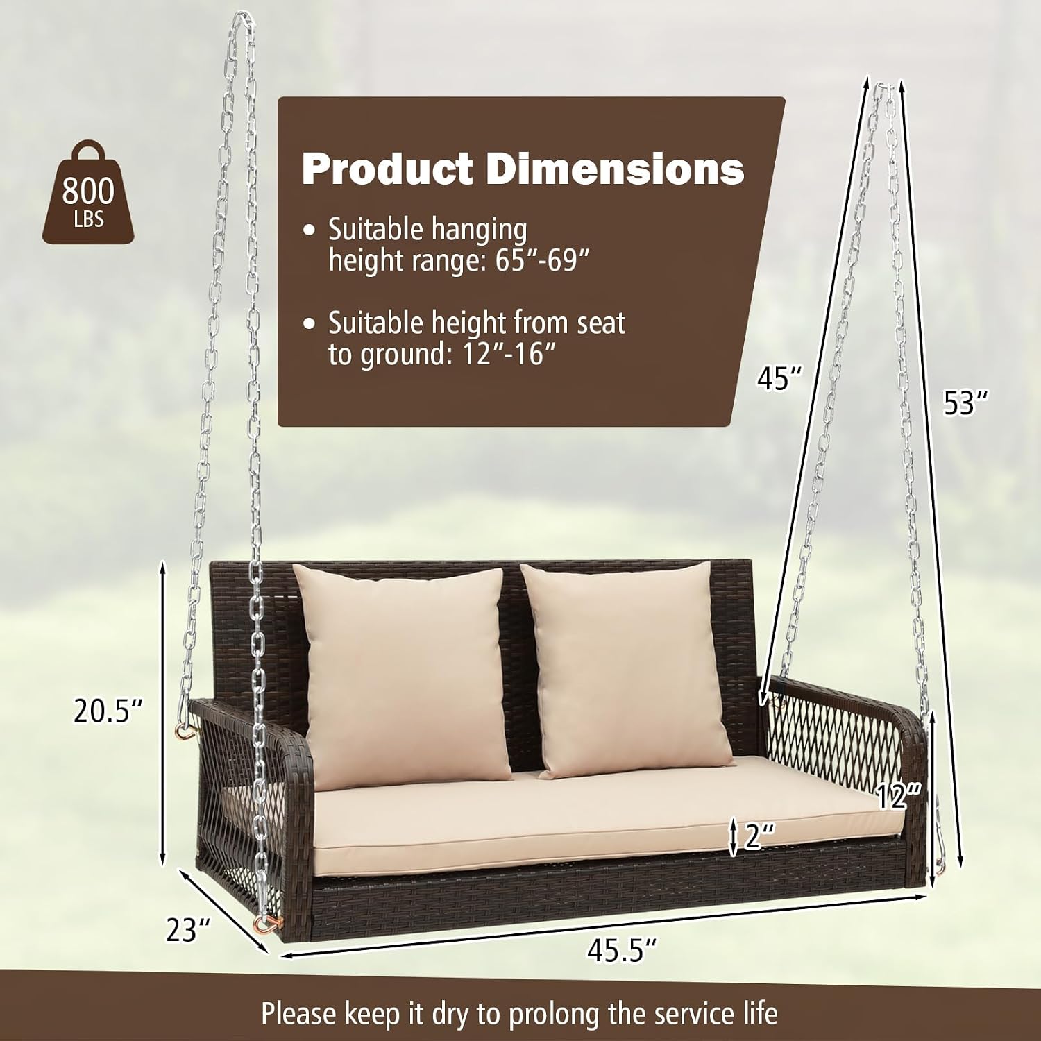 HAPPYGRILL Porch Swing Outdoor 2-Person Hanging Bench Chair with Seat & Back Cushions, Heavy-Duty Metal Structure & 2 Hanging Chains, Wicker Rattan Woven Loveseat Swing for Front Porch Backyard
