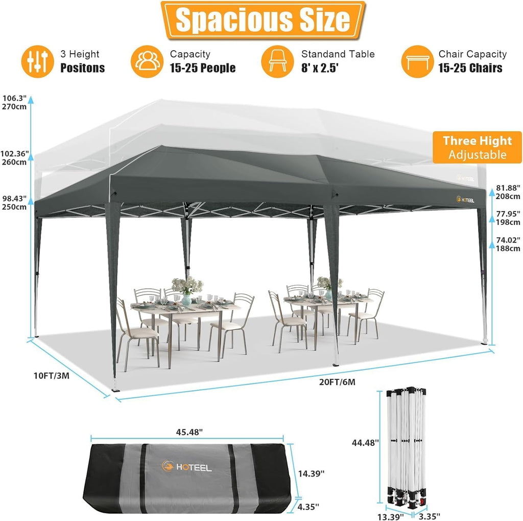 HOTEEL 10x20 Pop up Canopy Tent with 6 sidewalls Easy Up Commercial Outdoor Wedding Party Tents for Parties All Season Wind & Waterproof Gazebo Bag, Gray (Upgraded)