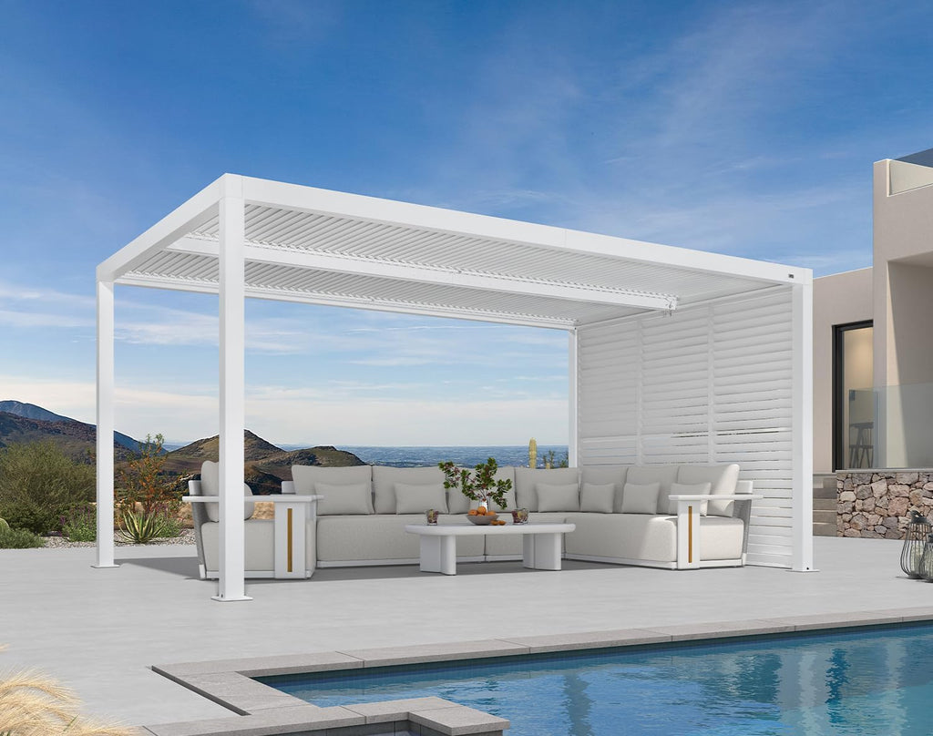 PURPLE LEAF Louvered Pergola 10' x 16' Outdoor White Aluminum Pergola with Fixed Shutter Wall Adjustable Roof Gazebo for Patio Backyard, 1 Short Side