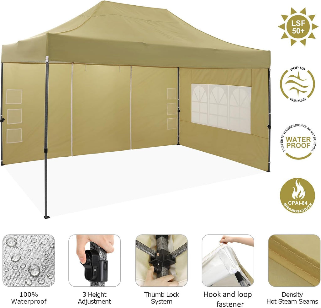 COBIZI 10x15 Pop up Canopy Gazebo 3.0, Easy up Heavy Duty Canopy with 4 Removable Sidewalls, High Stability, All Weather Sunshade 100% Waterproof Outdoor Canopy Tents, Khaki