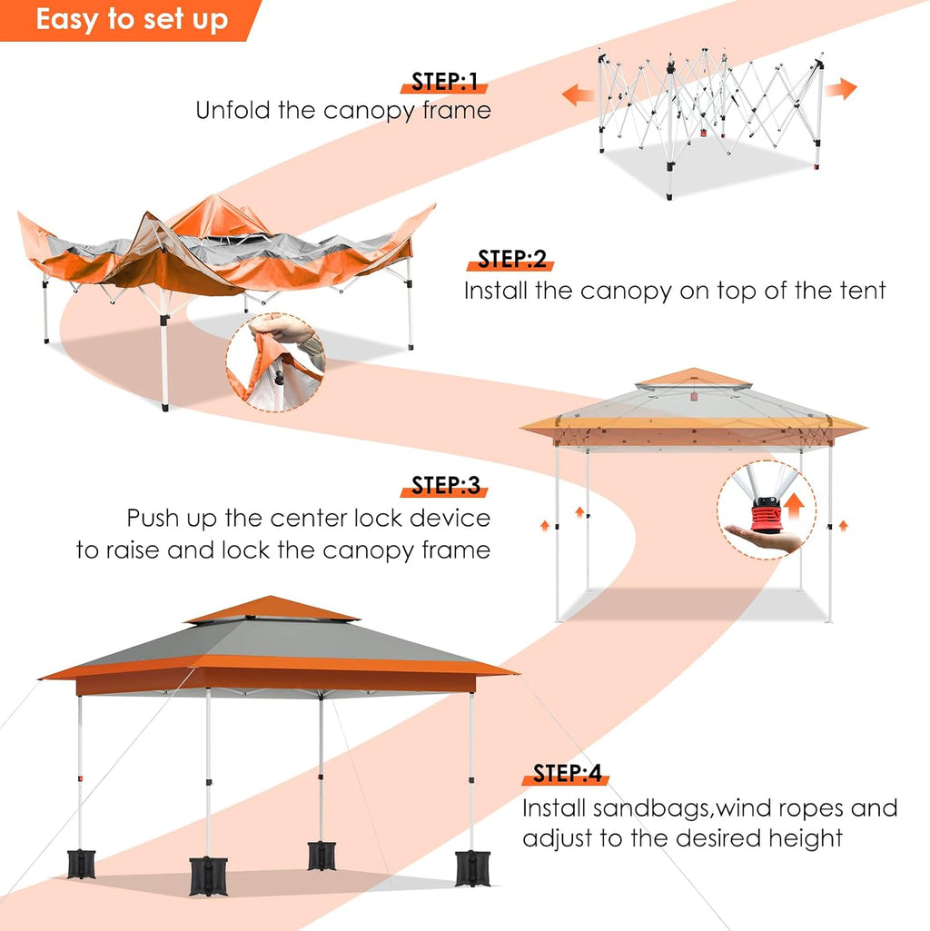 TLSUNNY 13X13 Pop Up Canopy Tent, Camping Shader W/Overhanging Eaves & Sand Bag, Outdoor Gazebo Shelter W/One Push Setup & Wheeled Bag, Height Adjustable, for Patio, Market, Party (Orange, 13FTX13FT)
