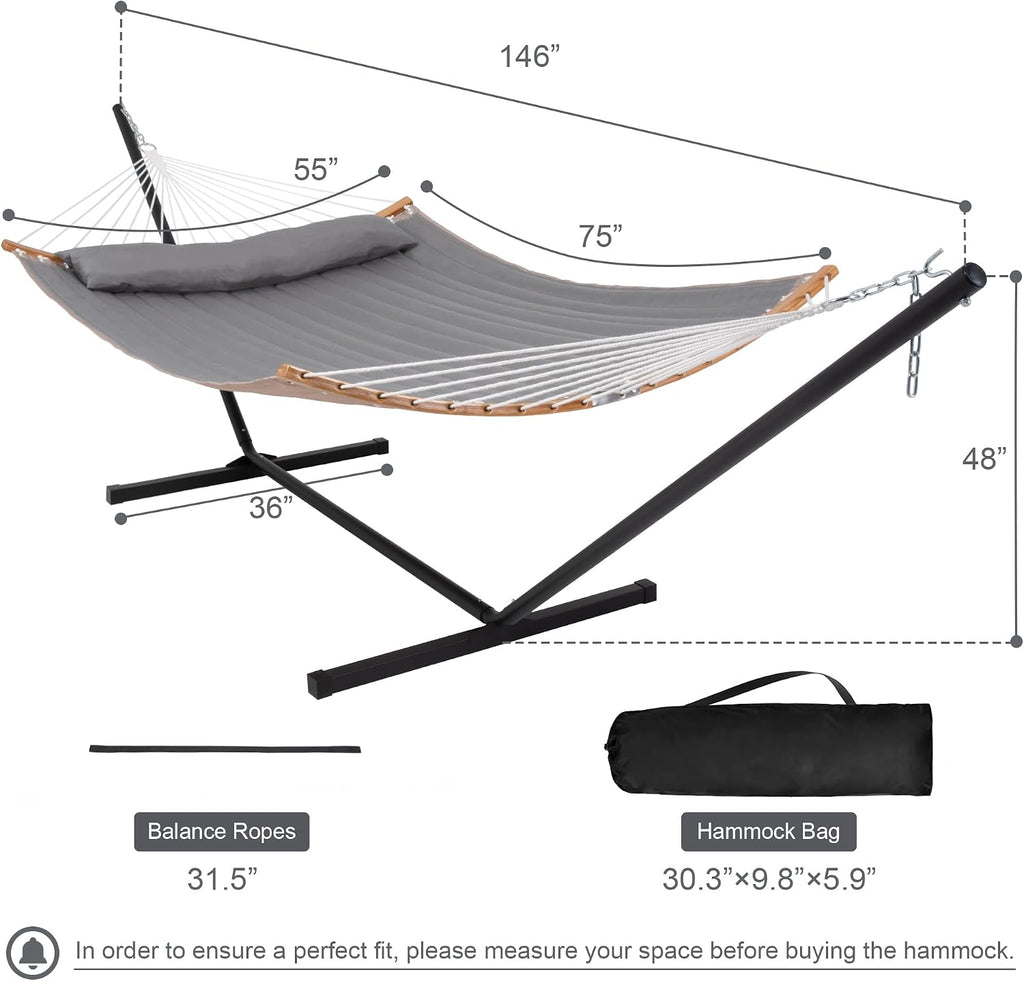 Outdoor Hammock with Stand Included, Heavy Duty Hammock with Curved Spreader Bar, Pillow and Portable Bag, 450 Lbs Capacity, Grey