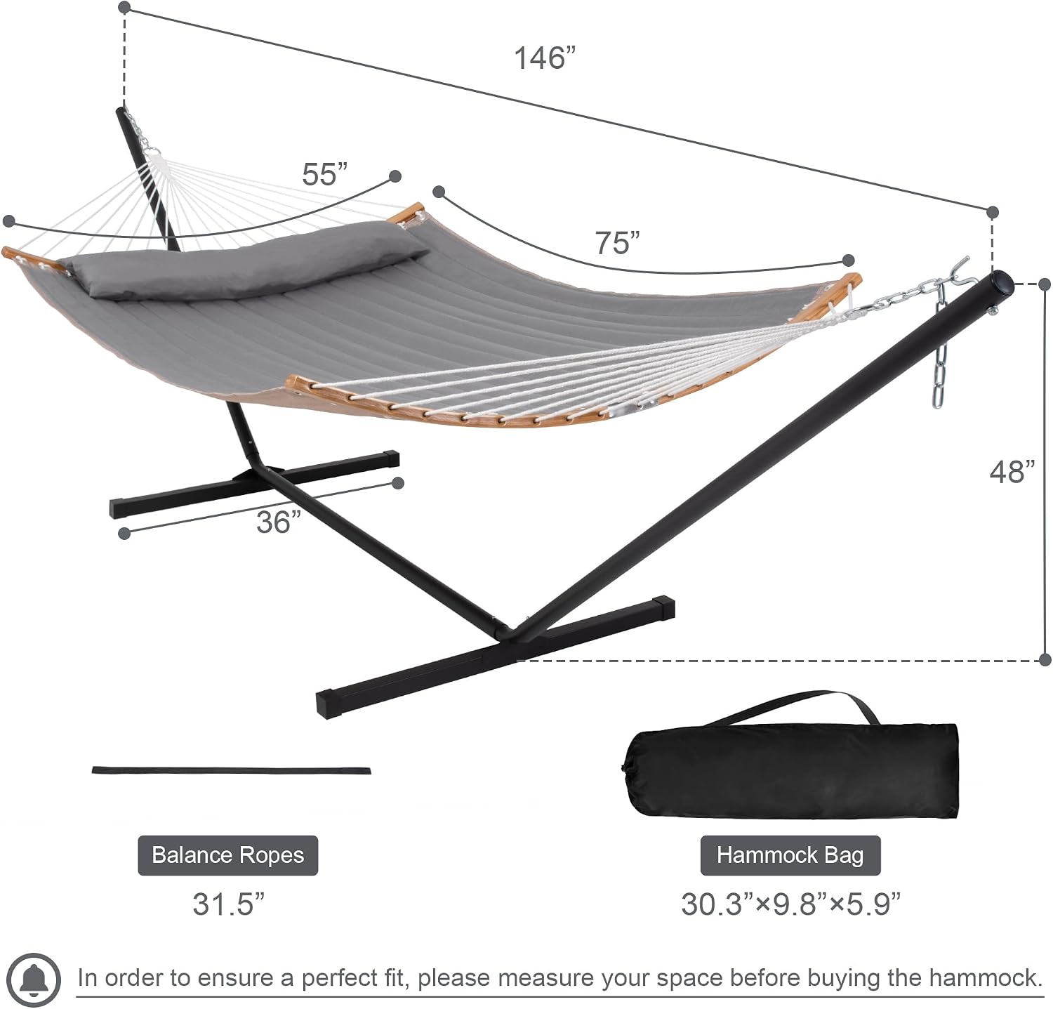 Outdoor Hammock with Stand Included, Heavy Duty Hammock with Curved Spreader Bar, Pillow and Portable Bag, 450 Lbs Capacity, Grey