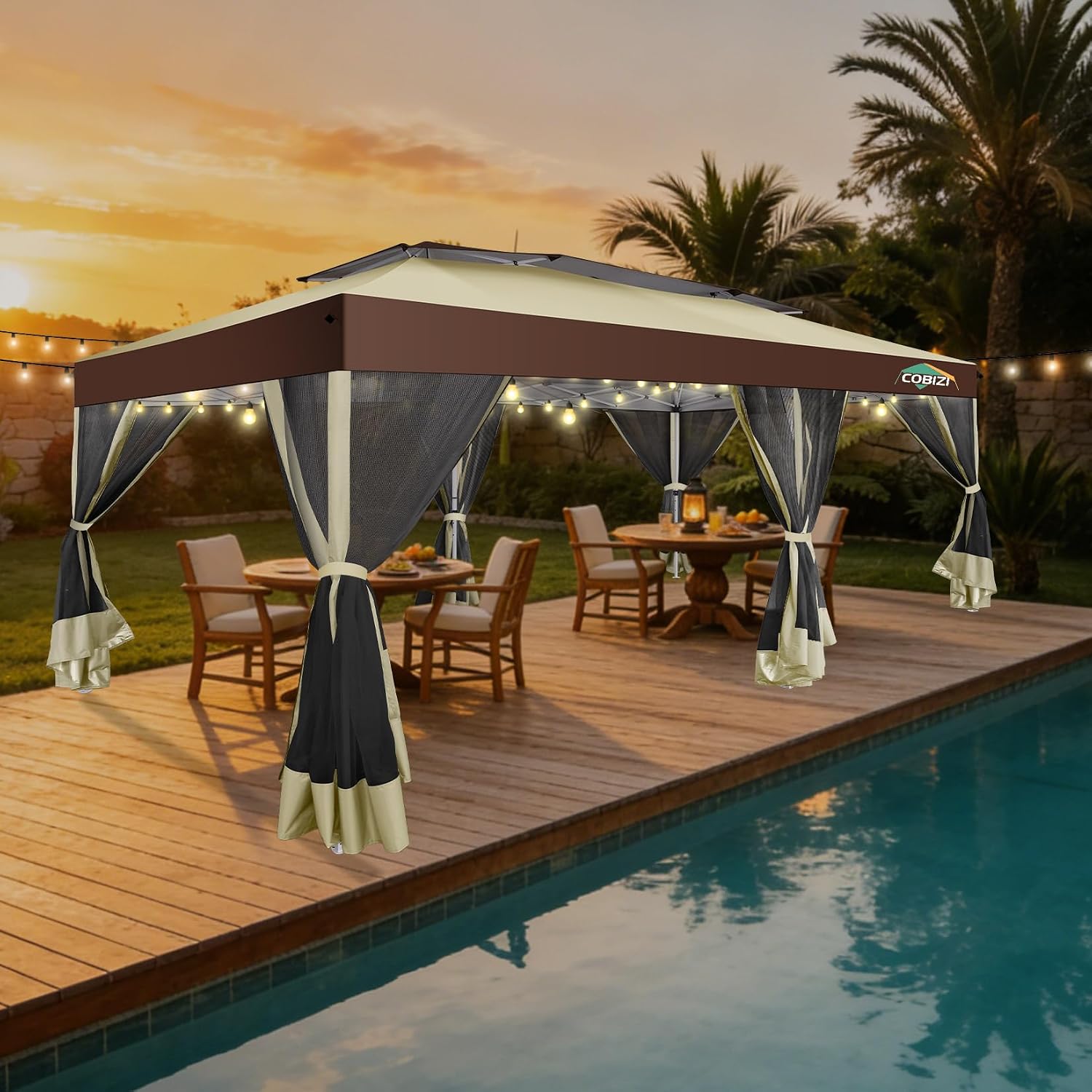 COBIZI 10x20 Pop up Gazebo, One-Push Setup Canopy Tent with Mosquito Netting & Vented Roof Design, Upgrade Metal Easy up Canopy Carpa Outdoor Gazebos for Backyard Camping Deck Party(Khaki & Brown)