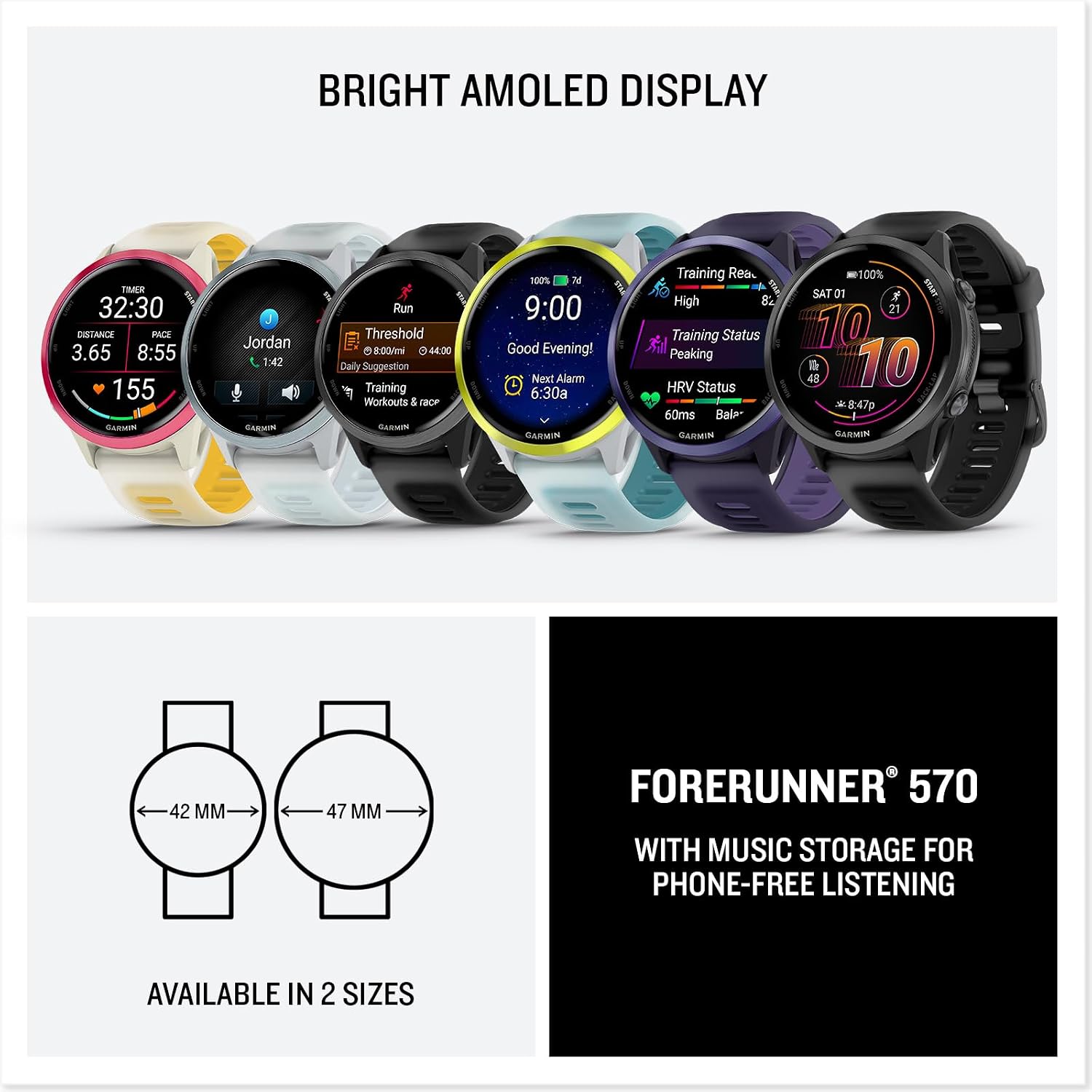 Garmin Forerunner 570 (42 mm, Raspberry/Translucent Bone/Mango) Running GPS Smartwatch - AMOLED Display, Training - Gift Box Bundle with PlayBetter HD Screen Protectors, Wall Adapter & Case