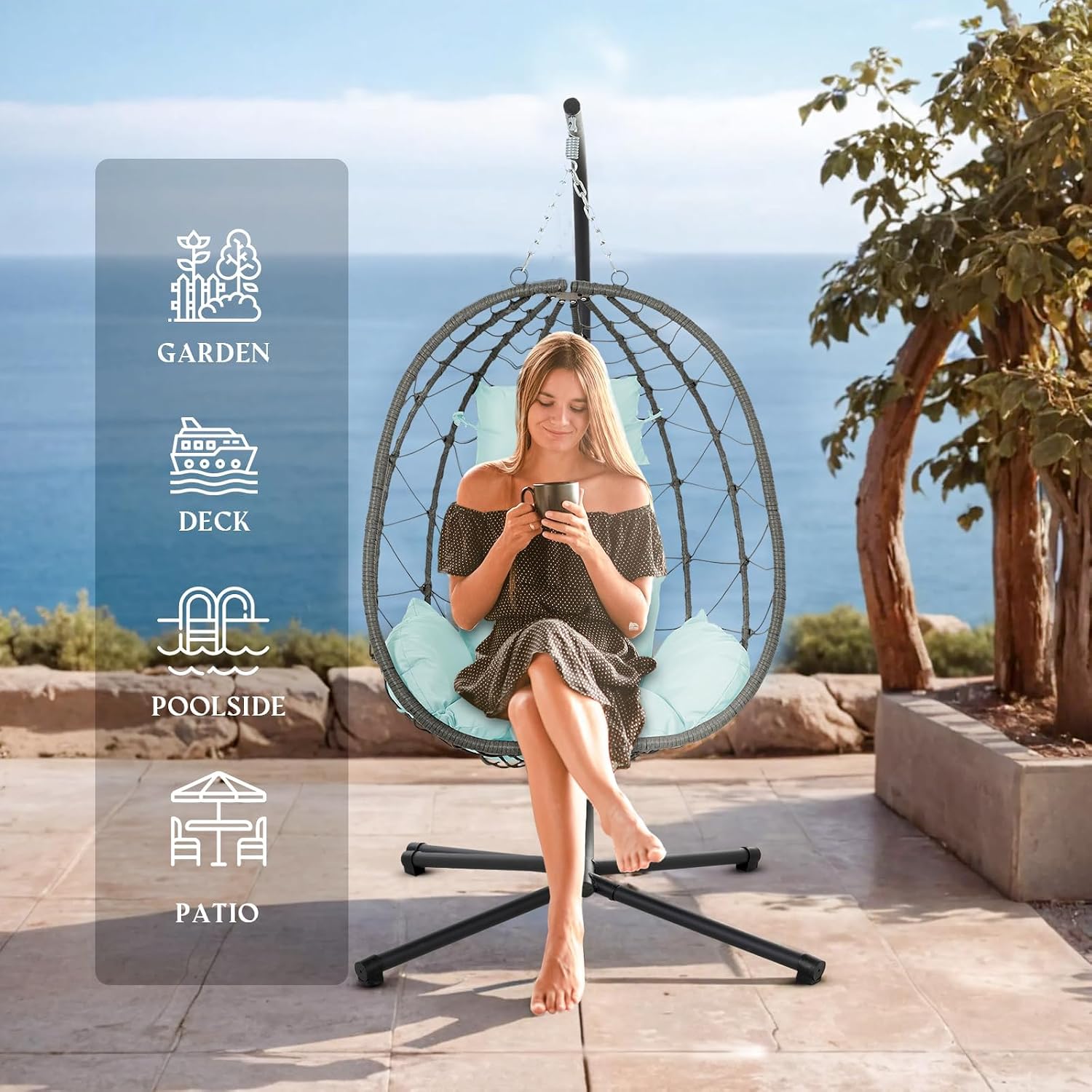 Egg Chair Indoor Outdoor, Foldable Hanging Egg Chair with Stand, Patio Swing Egg Chairs, UV Resistant Removable &Washable Thicken Padded Cushions, 350LBS Capacity for Bedroom (Small Blue)