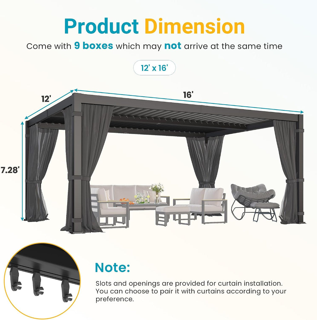 12' x 16' Louvered Pergola, Outdoor Pergola with Curtains & Netting, Metal Patio Pergola with Adjustable Louvers Roof and Gutter System, Metal Hardtop Gazebo for Patio, Deck, Garden, Yard, Dark Gray