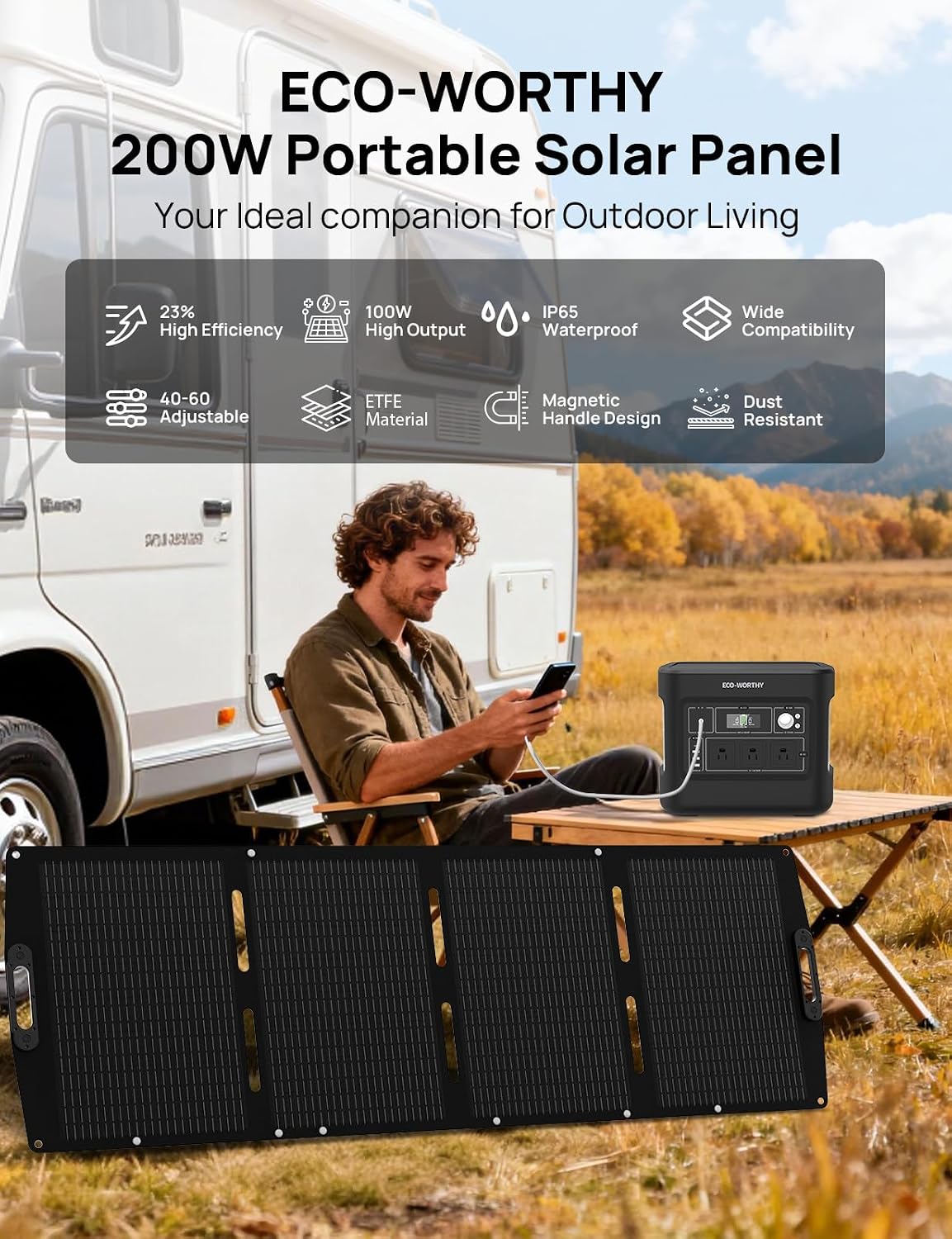 ECO-WORTHY 200W Portable Solar Panel for Power Stations,IP65 Waterproof & Lightweight with Adjustable Kickstand,23% High Efficiency Foldable Solar Panel for Outdoor RV Camping Off Grid Emergency