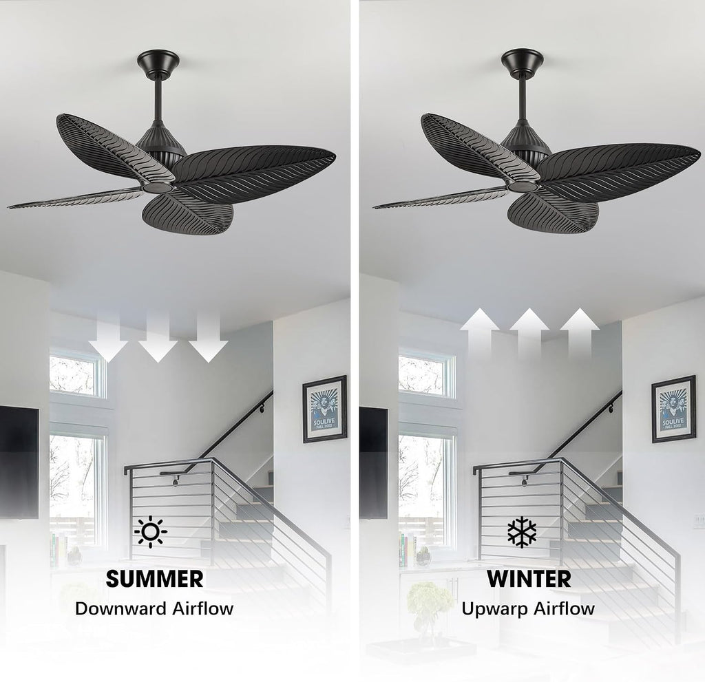 52' Black Tropical Ceiling Fans, Flush Mount Palm Leaf Ceiling Fan no Light, Indoor Ceiling Fans Without Light for Living Room Bedroom Kitchen Covered Gazebo, APP and Remote Control