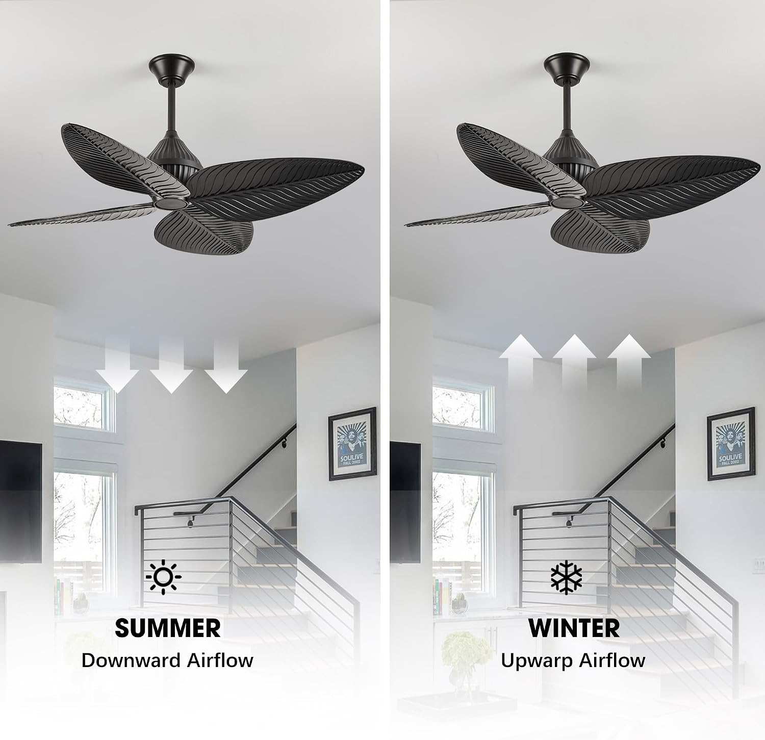 52' Black Tropical Ceiling Fans, Flush Mount Palm Leaf Ceiling Fan no Light, Indoor Ceiling Fans Without Light for Living Room Bedroom Kitchen Covered Gazebo, APP and Remote Control