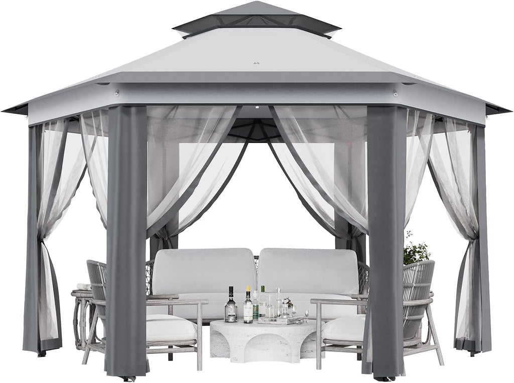 13x13 Ft 6-Sided Pop-Up Gazebo Canopy Tent with Removable Mesh Netting - Waterproof UV Protection Outdoor Instant Shelter for Patio, Backyard, Camping & Beach