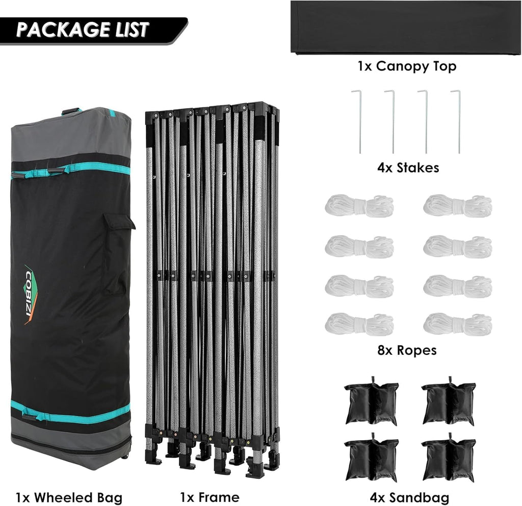 COBIZI 10x30 Pop up Canopy, Heavy Duty Outdoor Party Tents for Parties, Ez up UPF 50+ Waterproof Commercial Canopy with Wheeled Bag, Black(Windproof Upgraded)