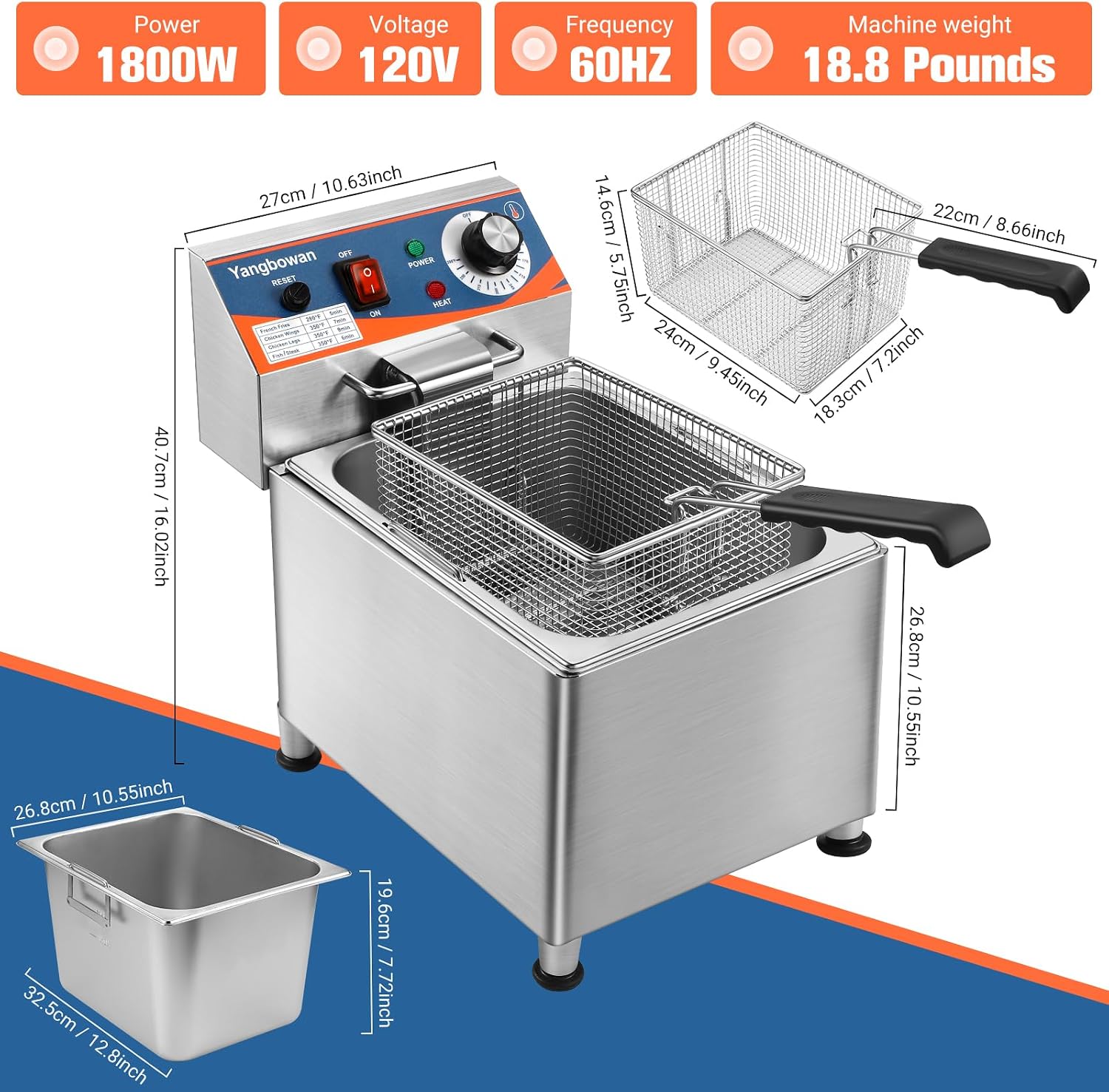 12L Commercial Deep Fryer,1800W Deep Fryer with Basket,Adjustable Temperature,Lid,Stainless Steel Body DeepFryer Pot,Electric Coumtertop Fryer for Commercial Restaurant Home Use