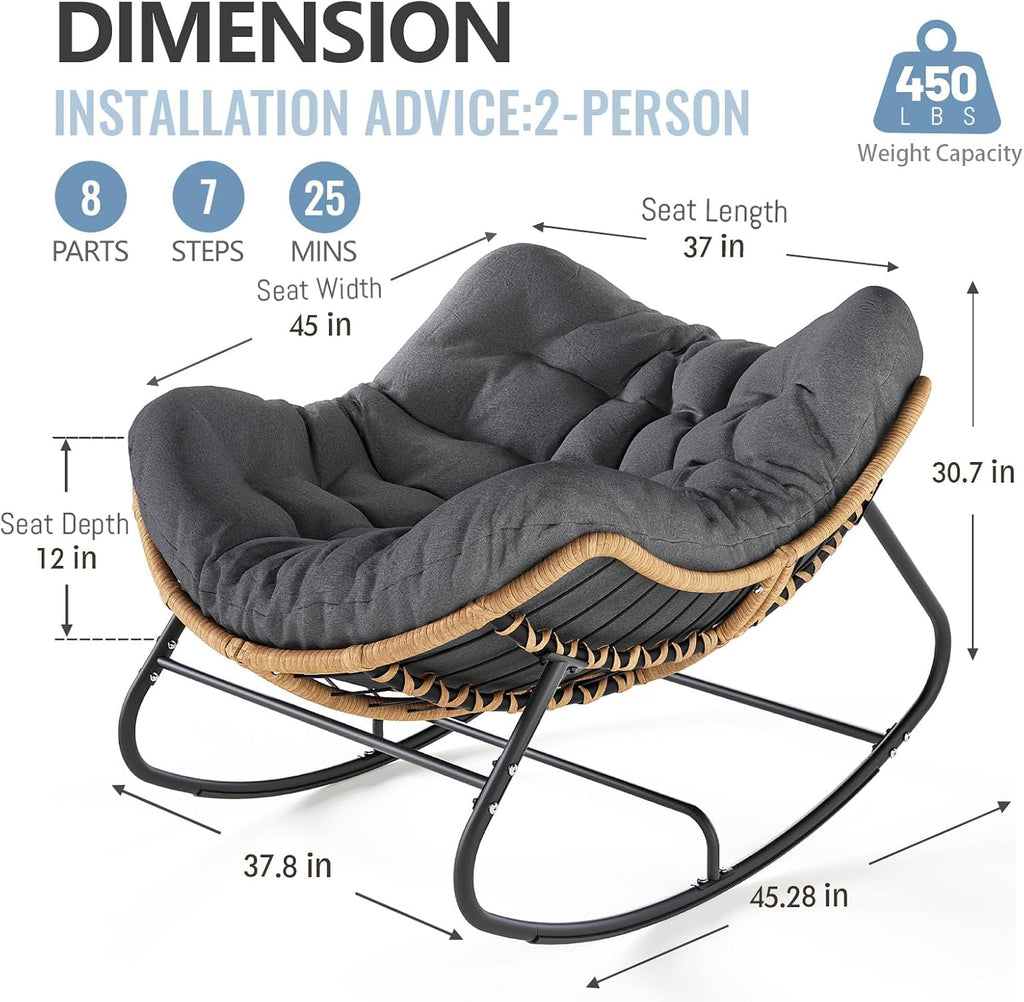 SWITTE Outdoor Rocking Chair, Oversized Patio Papasan Rocker, Comfy Wicker Reading Lounge, Indoor Bed-Like Egg Chair for Bedroom,Balcony, Porch, Garden, Dark Grey