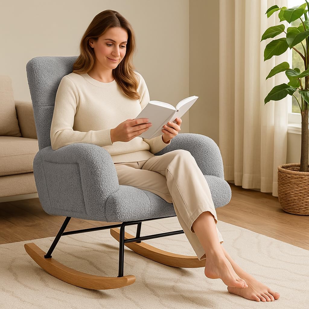COMHOMA Nursery Rocking Chair, Teddy Upholstered Glider Rocking Chair with Side Pockets, Accent Chair with High Backrest Reading Chair for Adult, Nursery, Bedroom, Living Room,Offices(Grey)