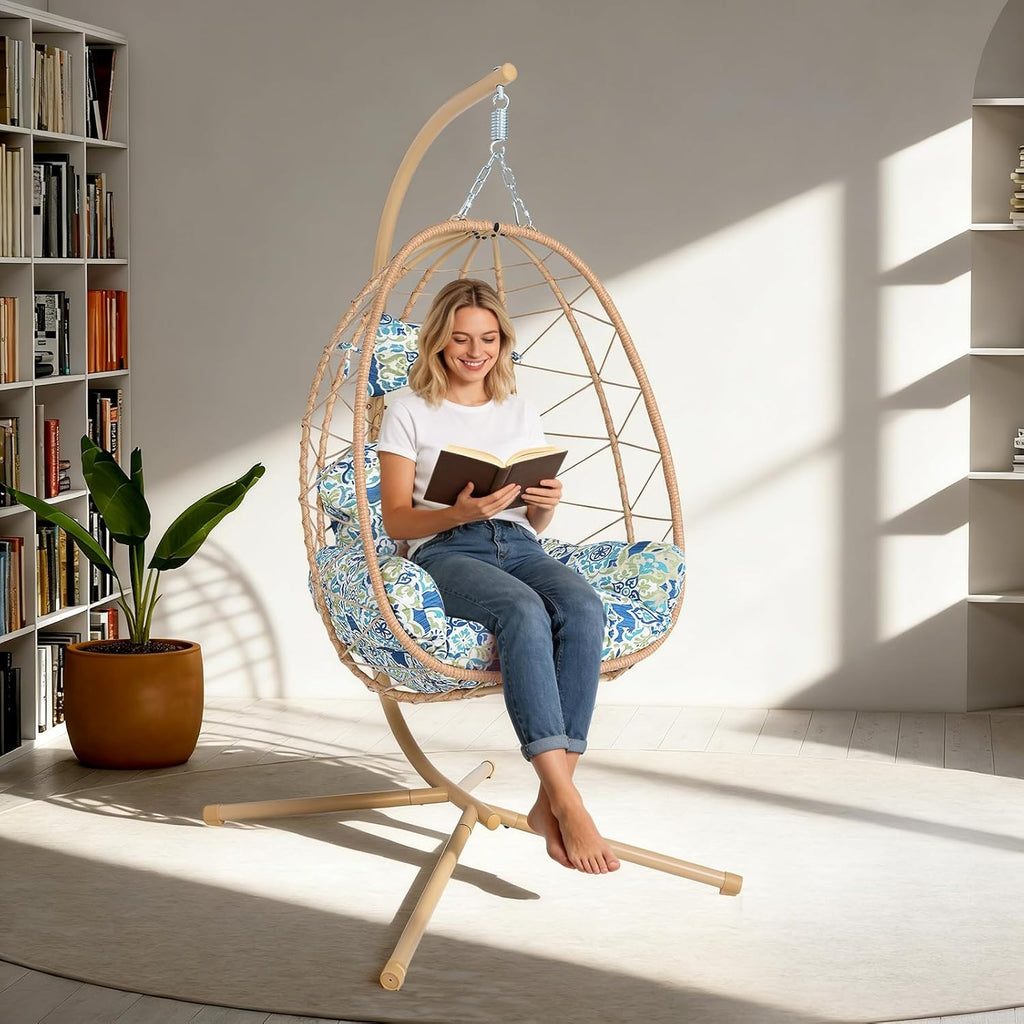 Egg Chair with Stand, Wicker Hanging Chair for Outdoor Patio, Cushioned Hammock Swing for Bedroom Garden Indoor/Outdoor, Double-Zipper Structure Hanging Egg Chair (Yellow and Moroccan)