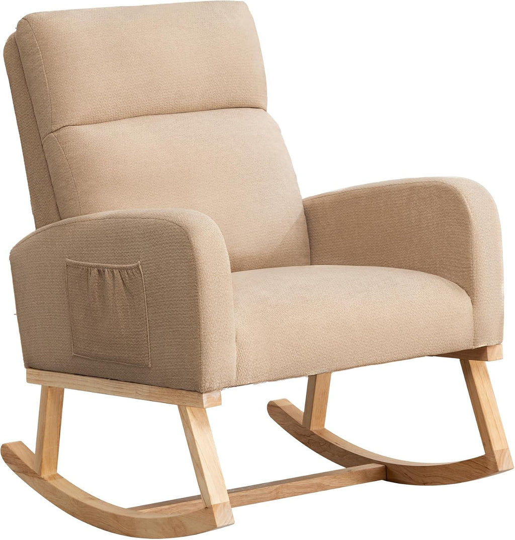 Rocking Chair Nursery, Uplostered Fabric Nursery Rocking Chair, Comfy High Backrest Rocker Nursing Chair for Mom Breastfeeding with Extended Legs for Living Room Bedroom, Khaki