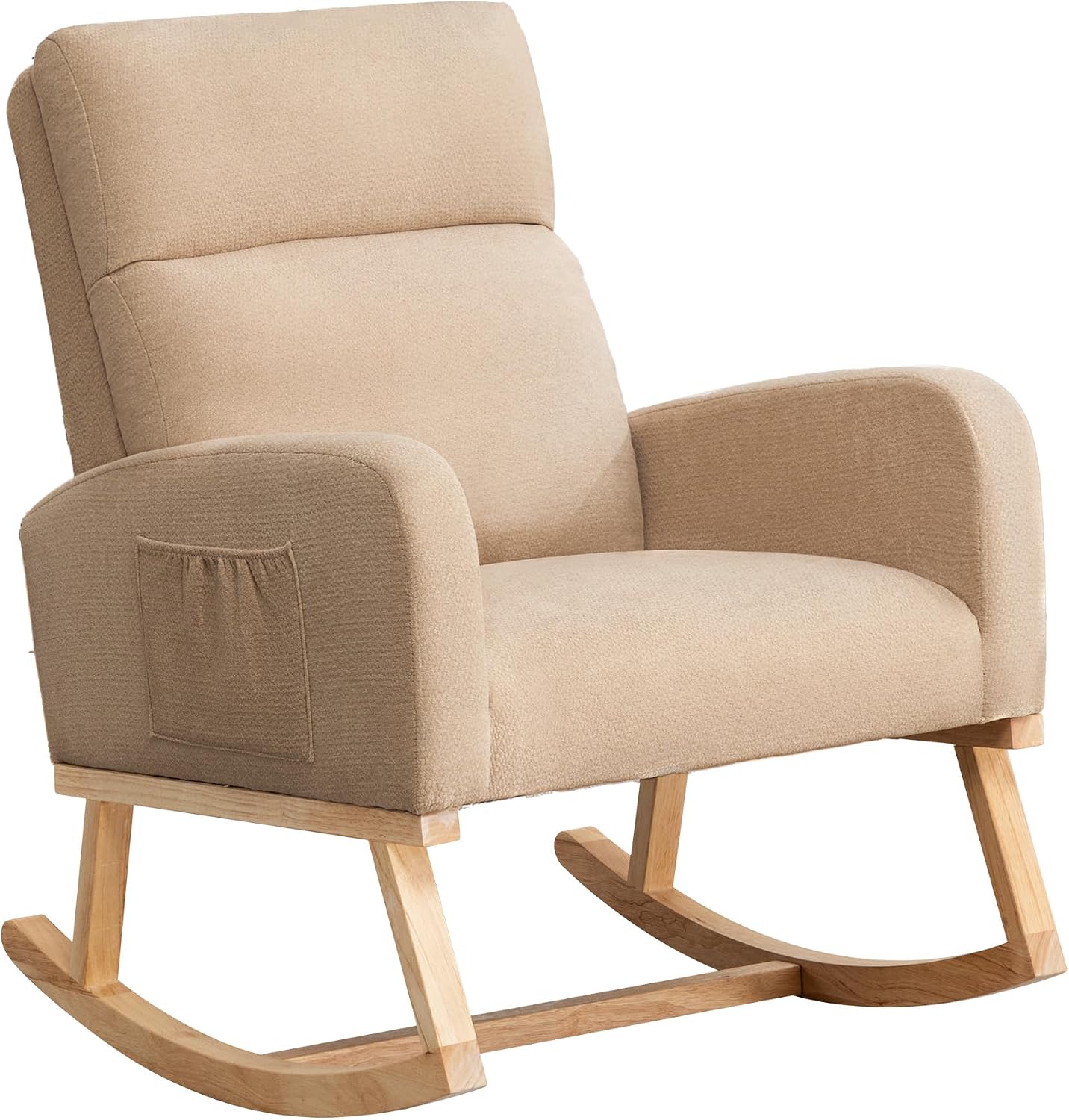 Rocking Chair Nursery, Uplostered Fabric Nursery Rocking Chair, Comfy High Backrest Rocker Nursing Chair for Mom Breastfeeding with Extended Legs for Living Room Bedroom, Khaki