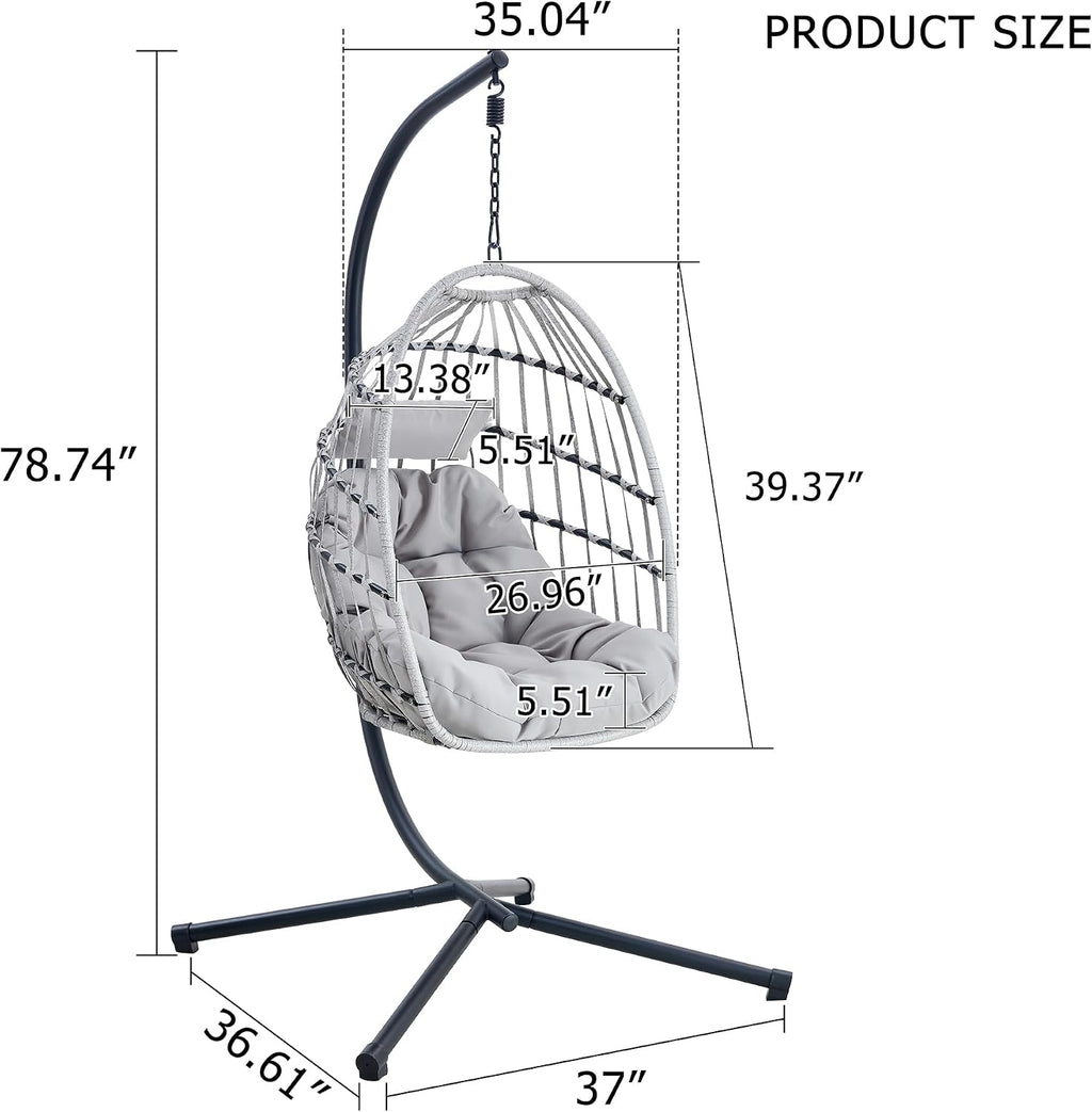 Egg Swing Chair with Stand, Indoor Outdoor Hanging Egg Chair with Thickened Metal Frame and Cushion, Patio Wicker Swinging Hammock Chair for Bedroom, Porch, Garden, Balcony (Gray)