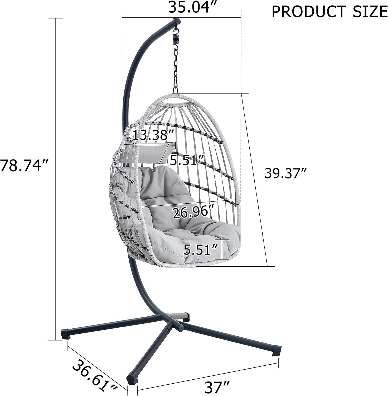 Egg Swing Chair with Stand, Indoor Outdoor Hanging Egg Chair with Thickened Metal Frame and Cushion, Patio Wicker Swinging Hammock Chair for Bedroom, Porch, Garden, Balcony (Gray)