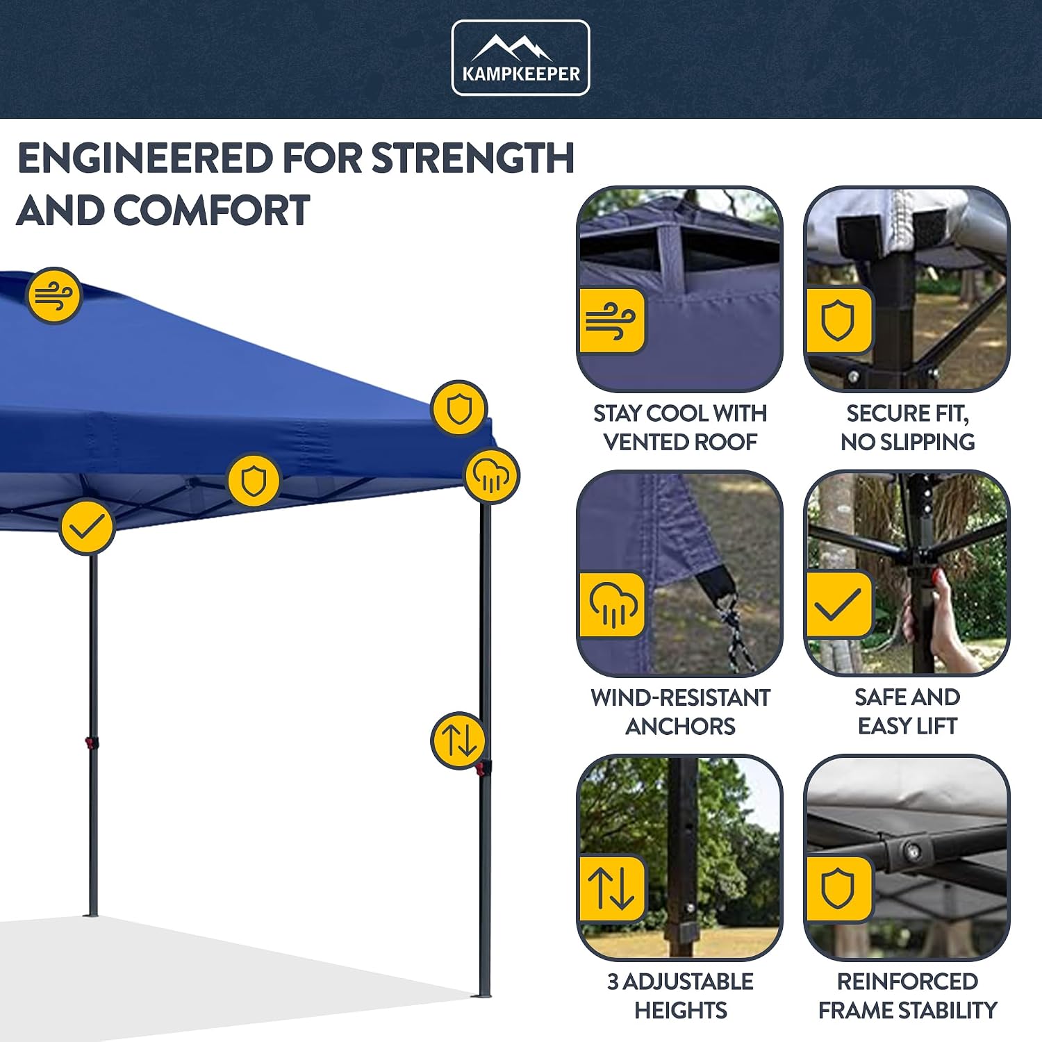 KAMPKEEPER 10x10 Pop-Up Canopy Tent, Waterproof, Portable Shade with Side Walls, Adjustable Instant Outdoor Shelter for Camping, Backyard, and Events, Navy Blue
