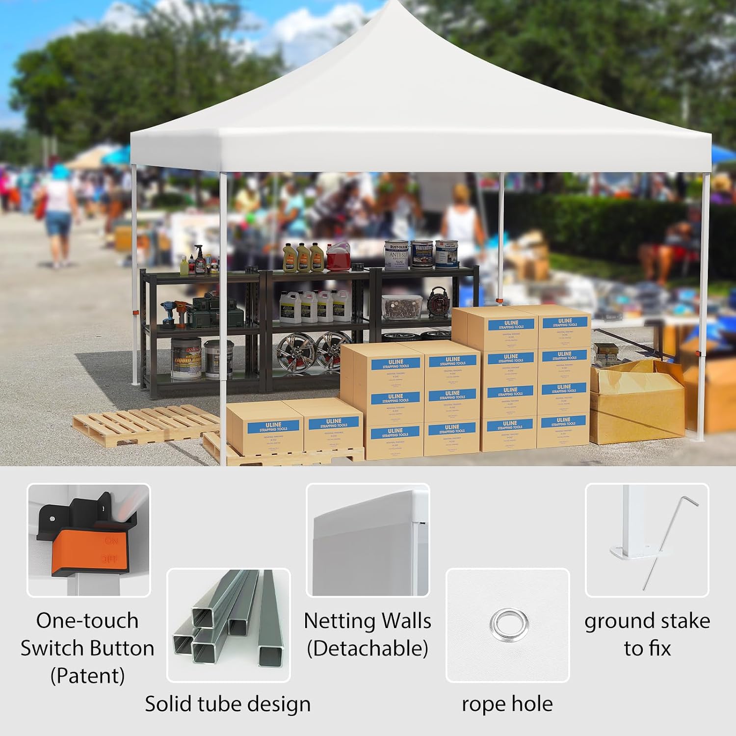 Pop-up Waterproof Windproof and UV-Proof Gazebo Instant Portable Canopy Tent 10'x10' with 3 Side Walls, 1 Wheeled Bag, 8 Ground pegs for stall/Outdoor/Party Events (10FTx10FT, White)