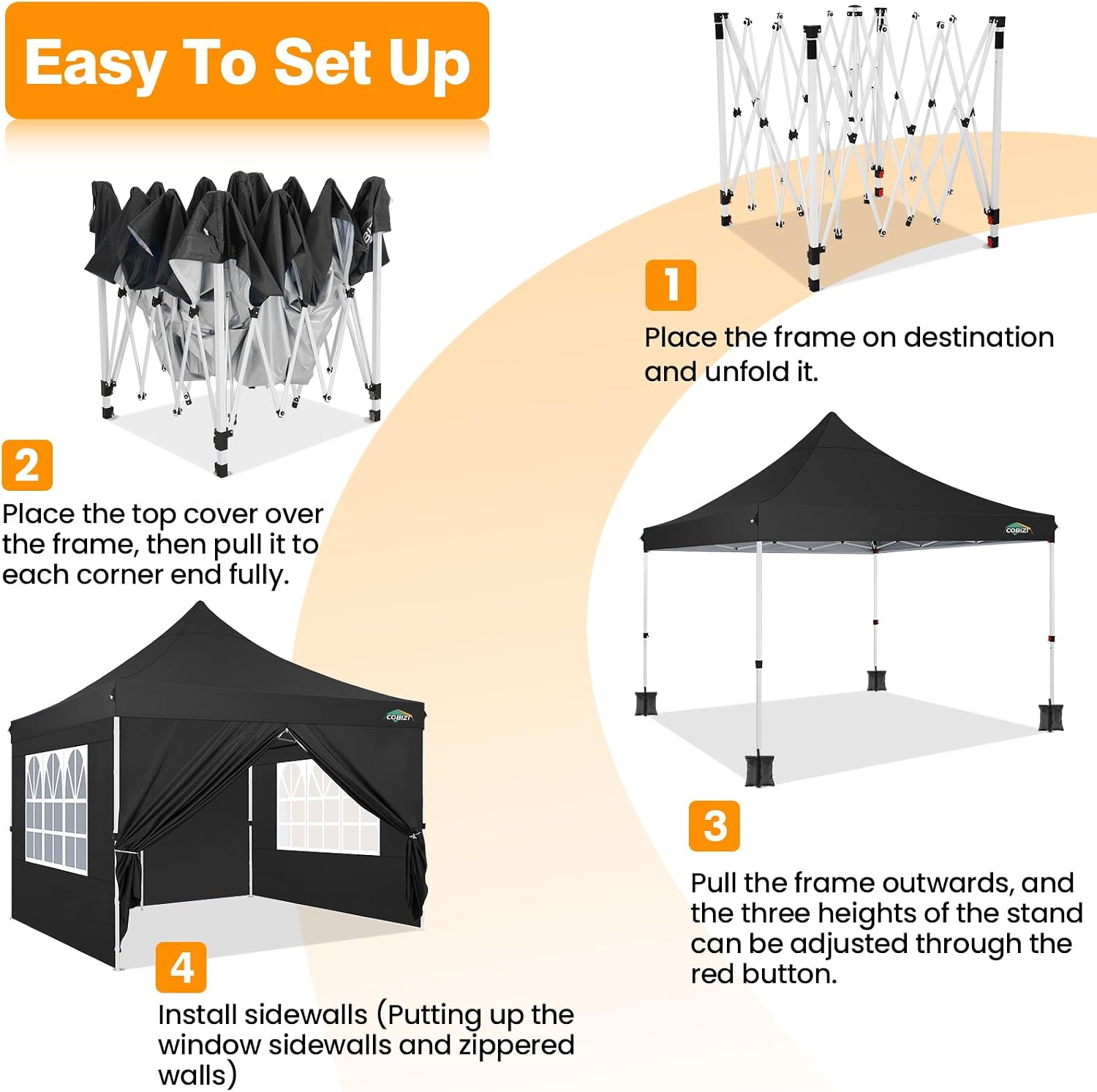 COBIZI 10x10 Pop Up Canopy with 4 Sidewalls, Pop up Tent 10x10 for Parties, Backyard, Commercial, Waterproof and Portable Instant Shelter UV50+ Ez Outdoor Canopy Gazebo with 4 Sandbags