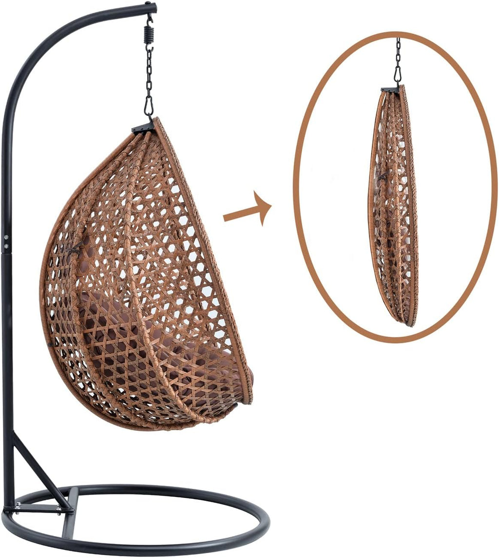 LKTART Egg Swing Chair with Stand Rattan Hanging Egg Chair with Cushions and Pillow Relaxing Chair Foldable Basket & Metal Stand Indoors or Outside 2-btrown
