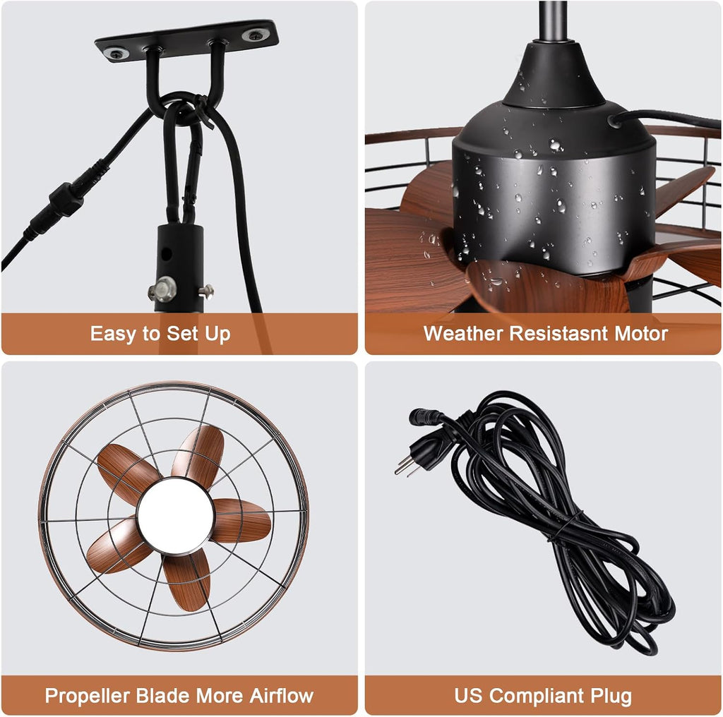 24' Waterproof Gazebo Ceiling Fan with Light Caged Outdoor Hanging Fan for Patios with Plug-in Cord, Dimmable LED, APP Remote Control, 6 Speeds for Pergola Porch Gazebo
