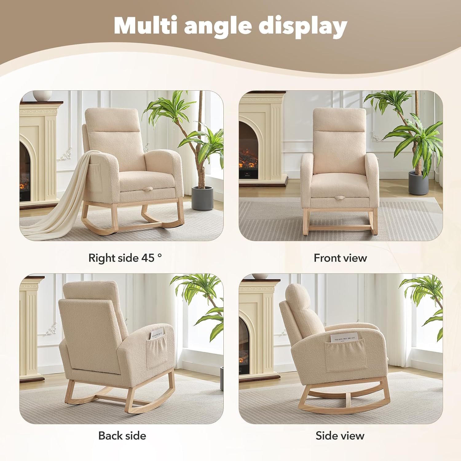 Rocking Chair Nursery, Modern Upholstered Glider Rocker with Side Pocket, High Backrest Padded Seat Accent Armchair for Living Room, Nursery, Bedroom (Off-White)