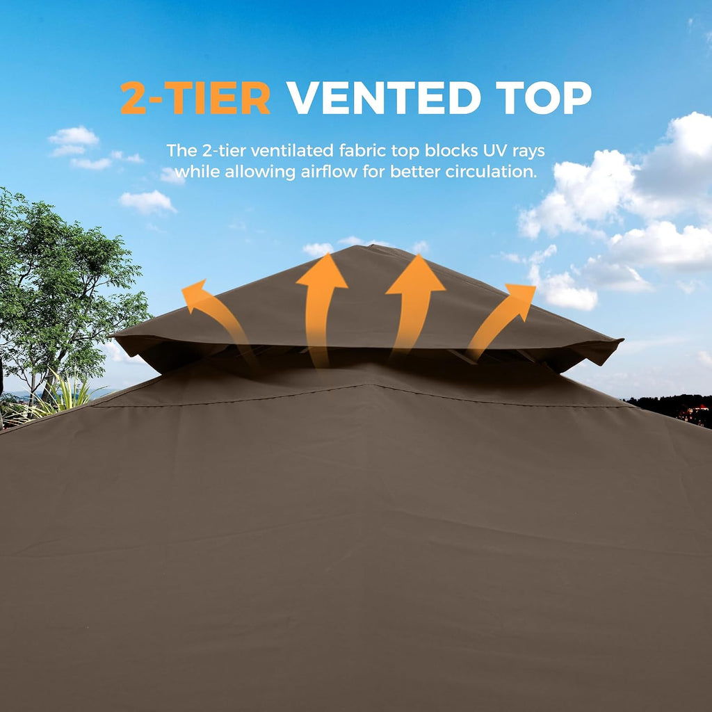 HAPPATIO Patio Gazebo 12' X 12', Ventilated Double Roof & Mosquito Netting, Outdoor Gazebo with Metal Frame, Soft Top Canopy for Backyard, Deck, Poolside, Brown