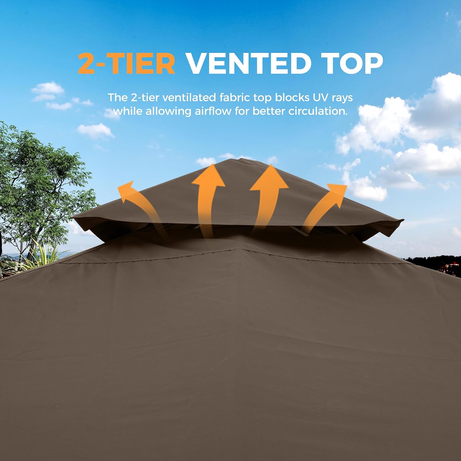 HAPPATIO Patio Gazebo 12' X 12', Ventilated Double Roof & Mosquito Netting, Outdoor Gazebo with Metal Frame, Soft Top Canopy for Backyard, Deck, Poolside, Brown