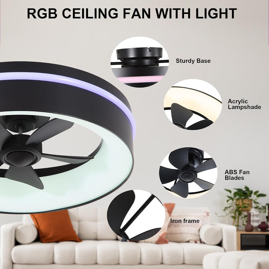 Smart Low Profle Ceiling Fans with RGB Lights Remote/APP Control, 18' Bladeless Ceiling Fans with 6 Speeds, Timer, Quiet DC Motor,for Gazabo,Game Room,Kids Bedroom,Living Room,Home Office