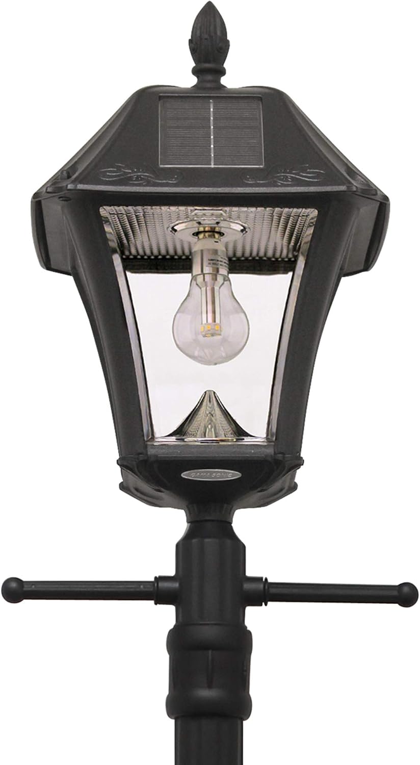 Gama Sonic Baytown II Bulb Solar Lamp Post Light Kit 77-inch Height, Outdoor Single Black Resin and Clear Lens Post Lamp with Pole and EZ Anchor In-Ground Auger, Warm White 2700K (105BSG01)