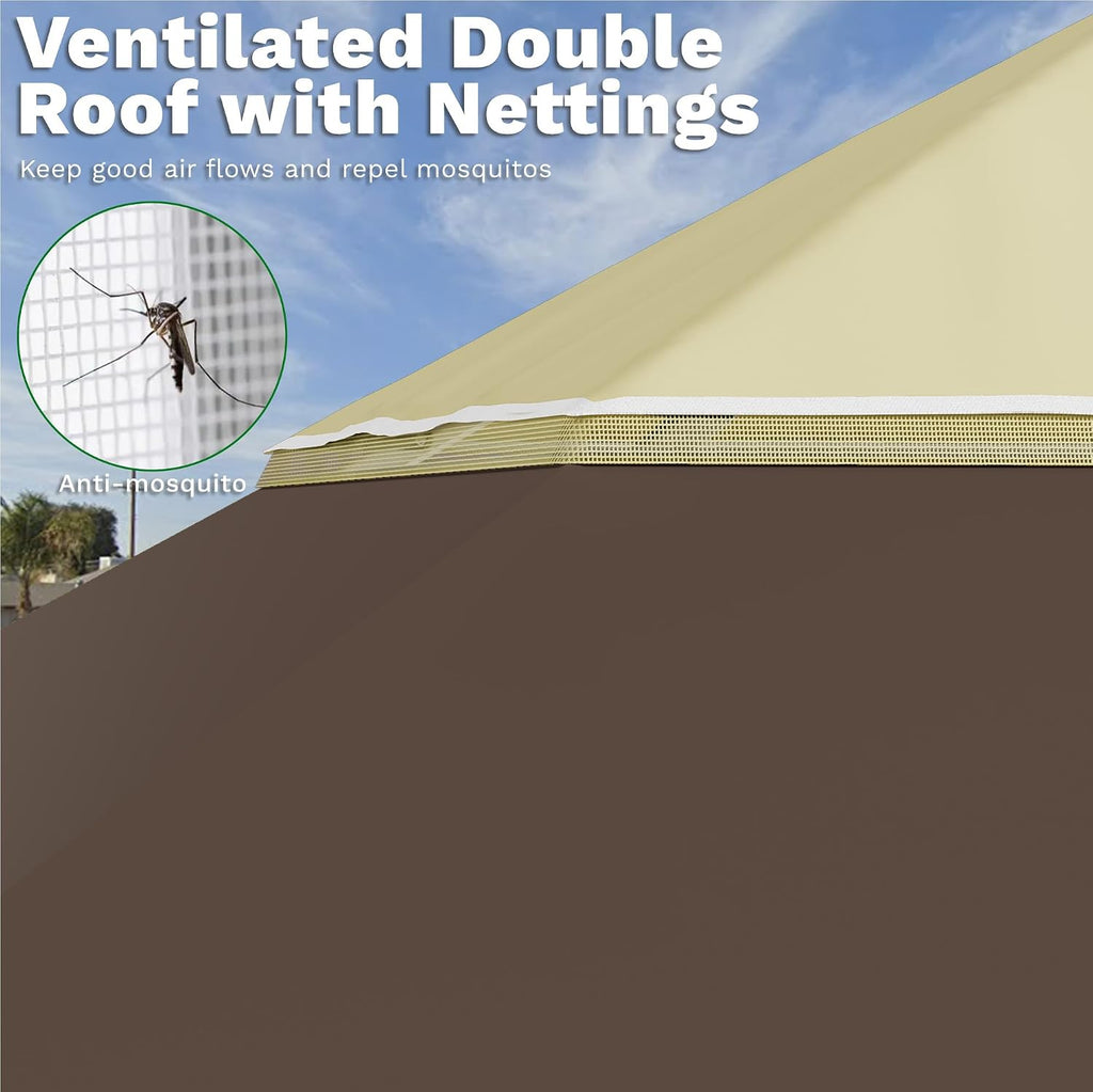 Devoko 10x10 Pop Up Gazebo Canopy Tent with Double Roof – Instant Shelter for Backyard, Garden, Party, Patio, Lawn – Portable Vented Outdoor Shade (Brown)