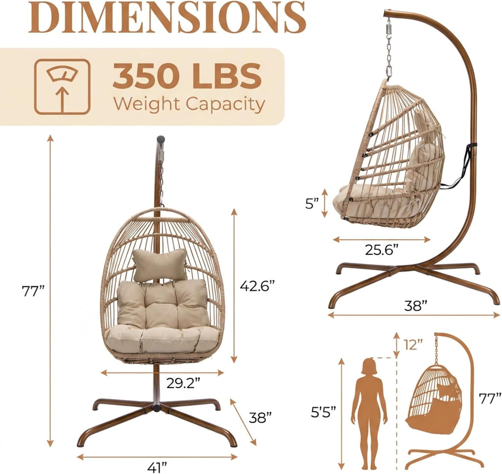 RADIATA Outdoor Swing Egg Chair with Stand, 350Lbs Heavy-Duty Wicker Egg Hanging Patio Chairs for Outside, Comfy Porch Swinging Chair with Thick Cushion Balcony Backyard Bedroom Indoor, Beige