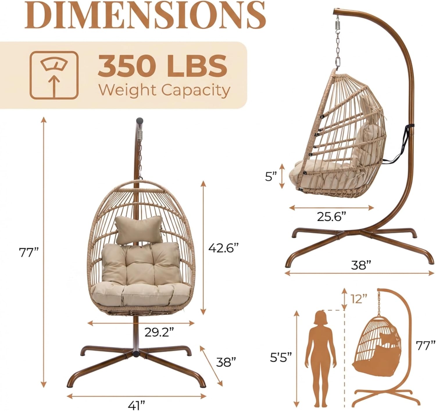 RADIATA Outdoor Swing Egg Chair with Stand, 350Lbs Heavy-Duty Wicker Egg Hanging Patio Chairs for Outside, Comfy Porch Swinging Chair with Thick Cushion Balcony Backyard Bedroom Indoor, Beige