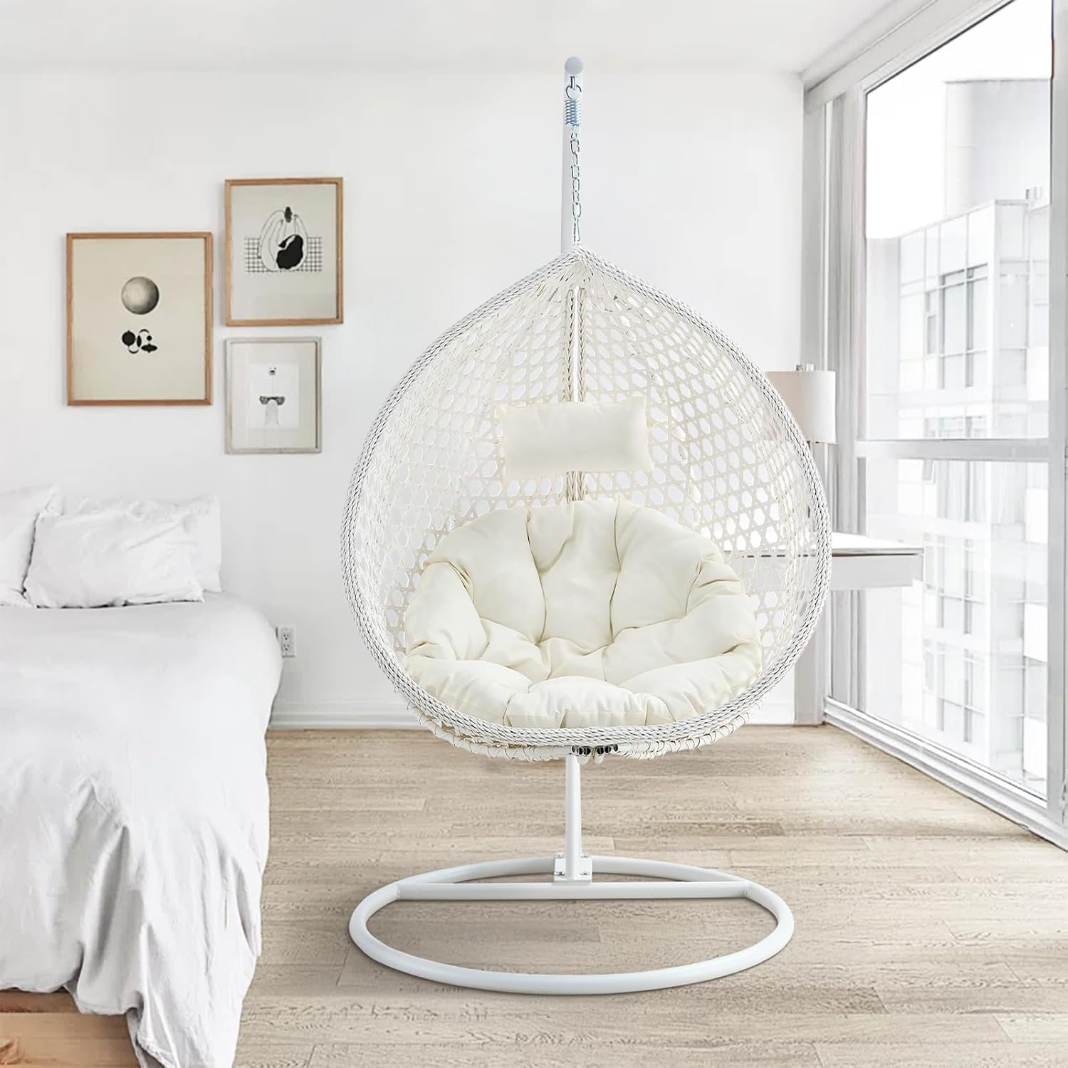 Egg Chair Indoor, Hanging Egg Chair with Stand, Rattan Wicker Swing Chair with Cushions, Swinging Chair for Bedroom Outdoor Patio Balcony Backyard Heavy Duty 350LBS,White