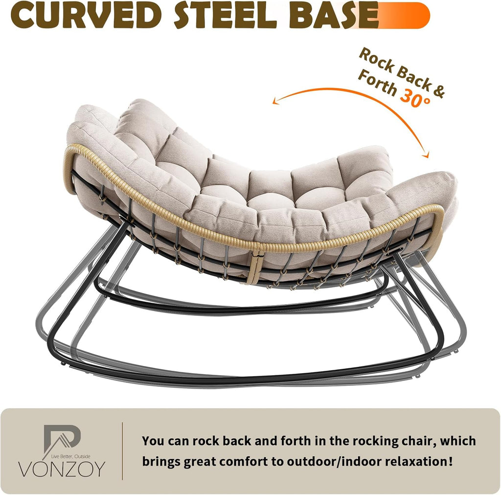 Outdoor Rocking Chair, Indoor Papasan Chair, Oversized Egg Rocking Chair with Thick Cushion, Rattan Wicker Rocker Lounge Chair for Bedroom, Living Room, Patio, Garden, Porch (Beige)