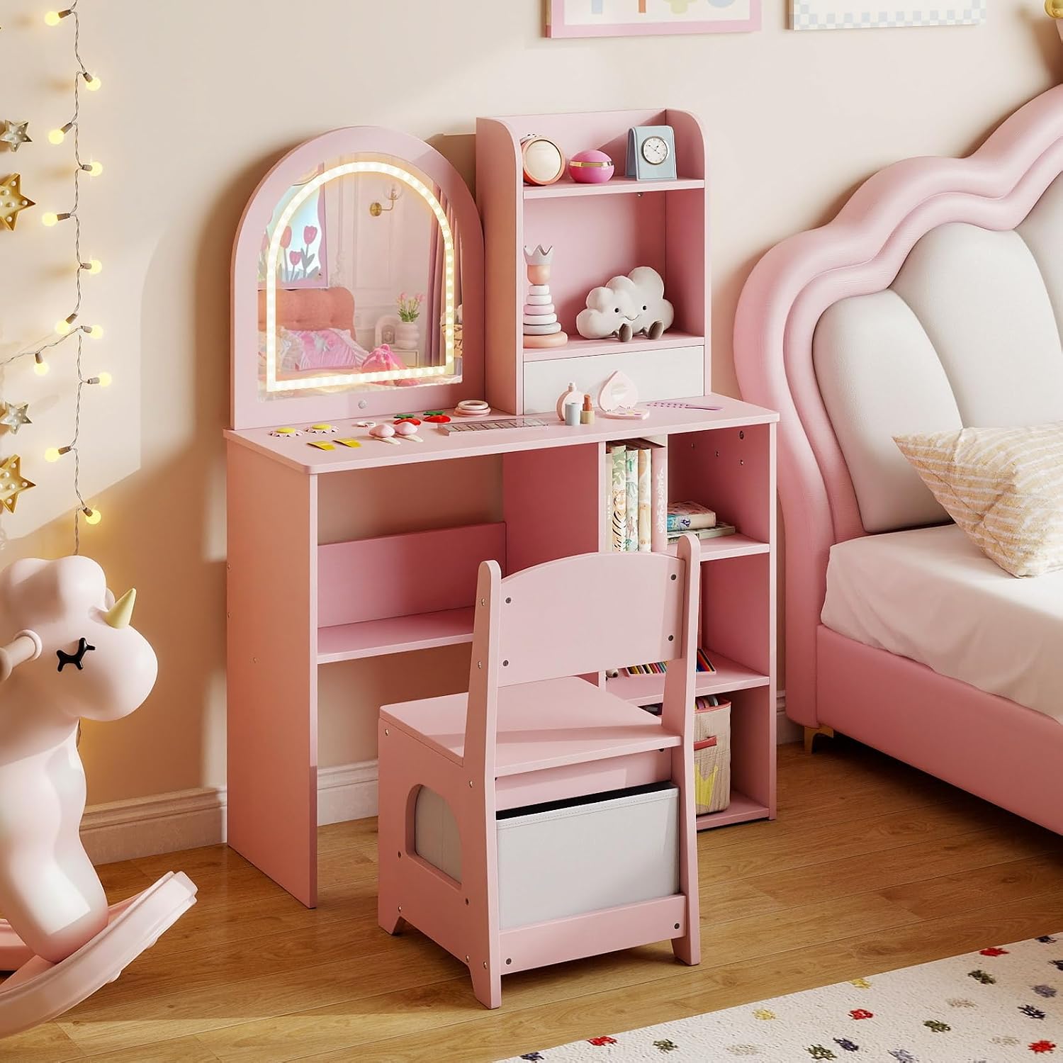 Costzon Kids Vanity with Lights, Girls Vanity Set with Mirror, Storage Drawer, Hooks & Shelves, Toddler Makeup Vanity Desk Dressing Table, Wooden Kids Vanity Table and Chair Set (Pink)