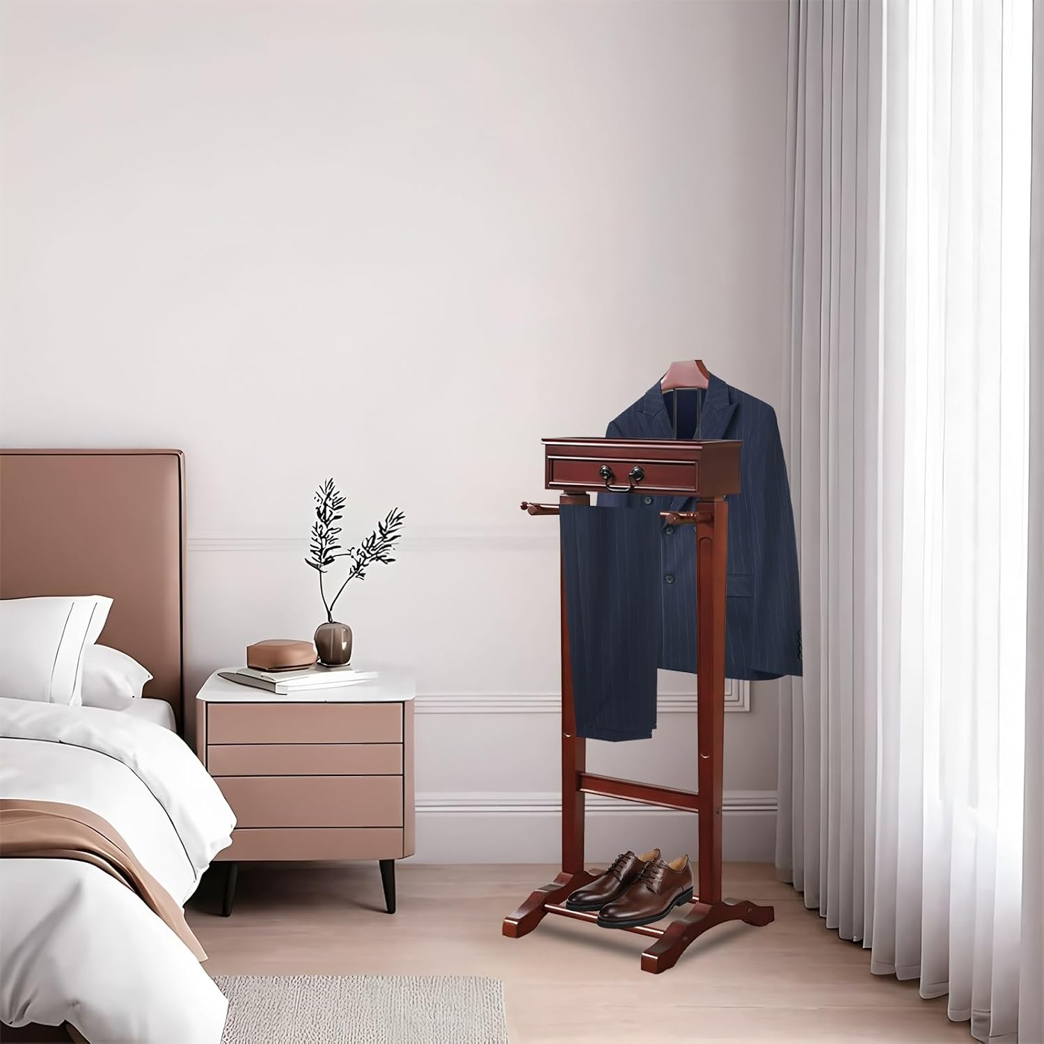 Wooden Valet Stand Clothes with Contour Hanger, Trouser Bar, Shoe Shelf, Suit Rack with Drawer&Tray, Garment Organizer Rack Storage for Keys, Watches, Wallet, Jewelry, Accessory Organizer