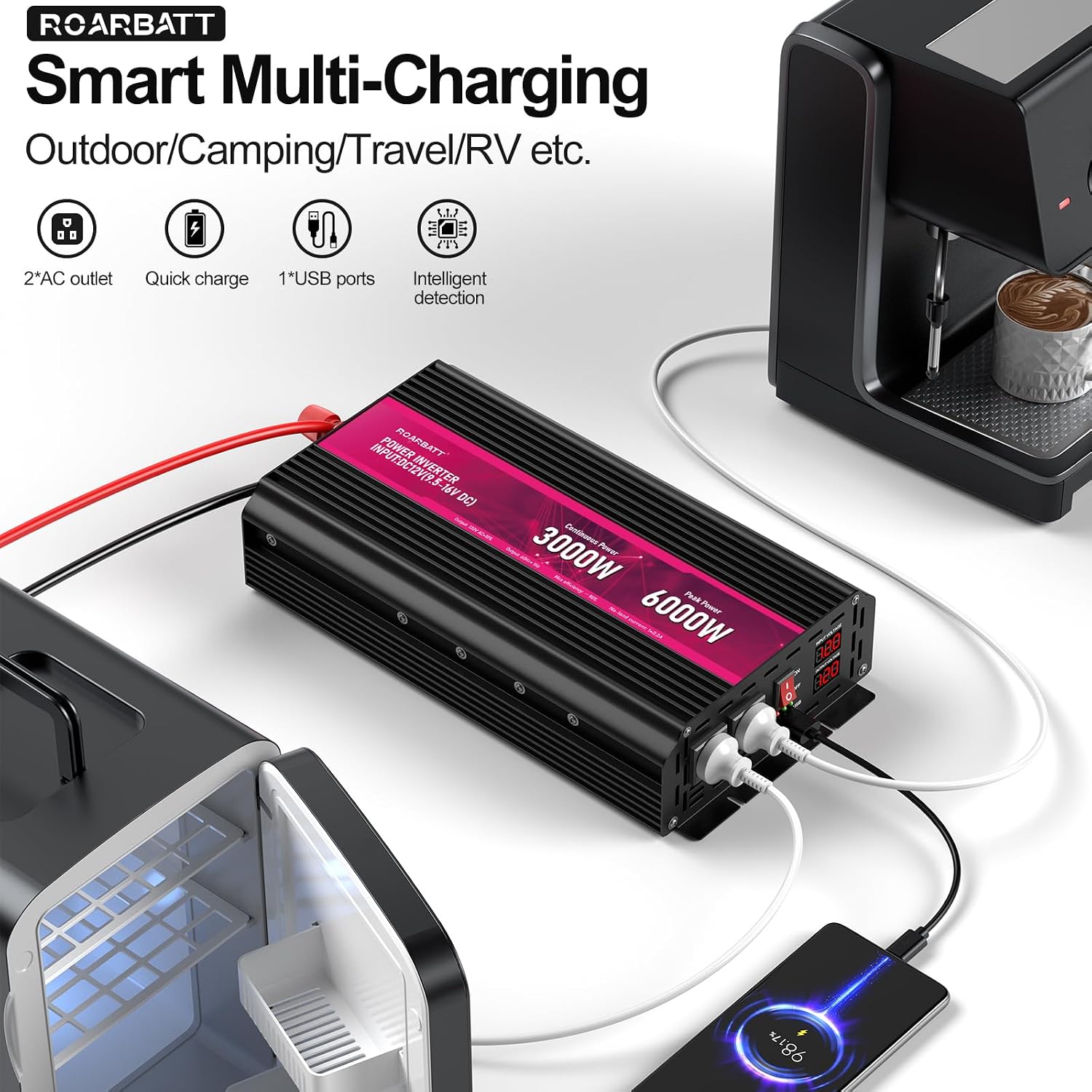 3000W Power Inverter 12V DC to 110V/120V AC, 6000W Peak Car Inverter with 2 AC Outlets, 2.4A USB Port & LCD Display, Portable Backup Power Converter for RV, Truck, Camping, Outdoor & Emergency