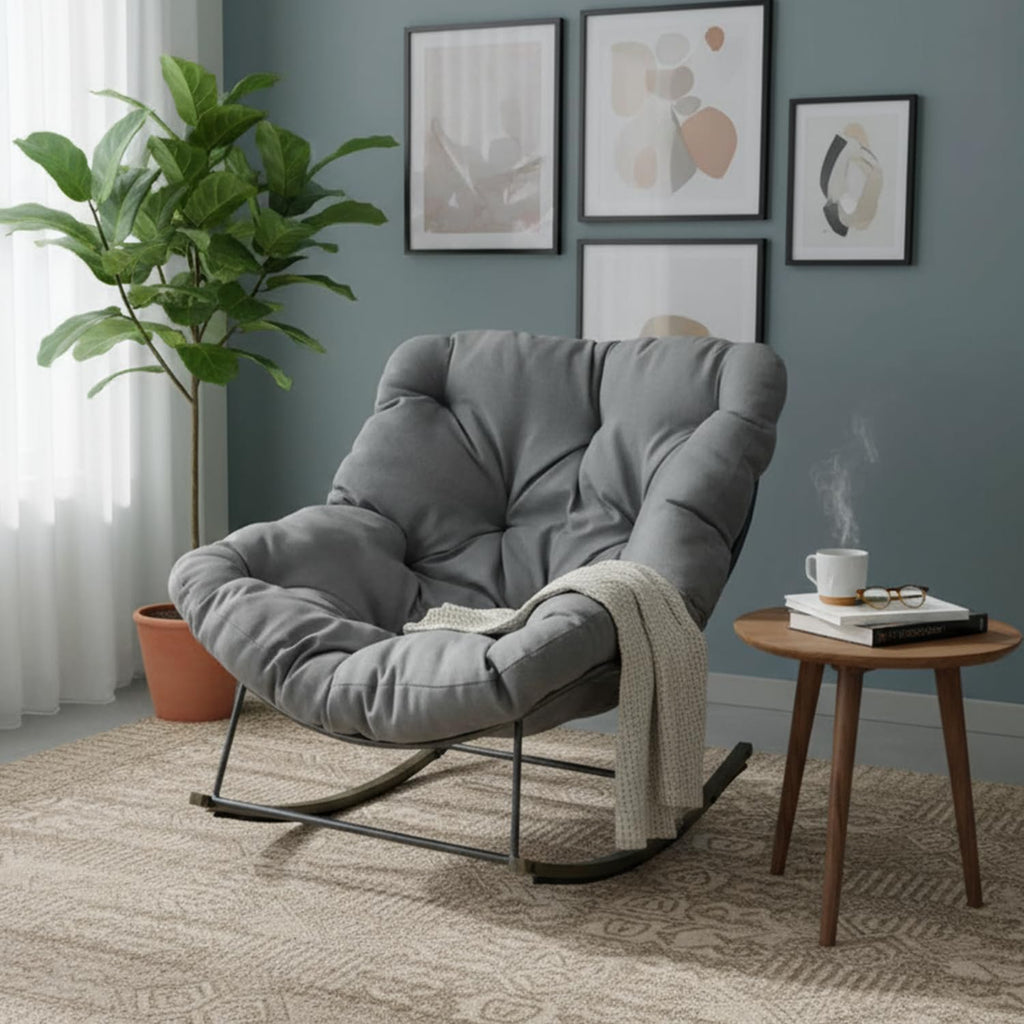 Outdoor Rocking Chairs Set of 2,Oversized Papasan Chair with Cushion and Frame, Comfy Modern Rocker Egg Chair for Living Room, Garden Backyard(Grey,2PC)