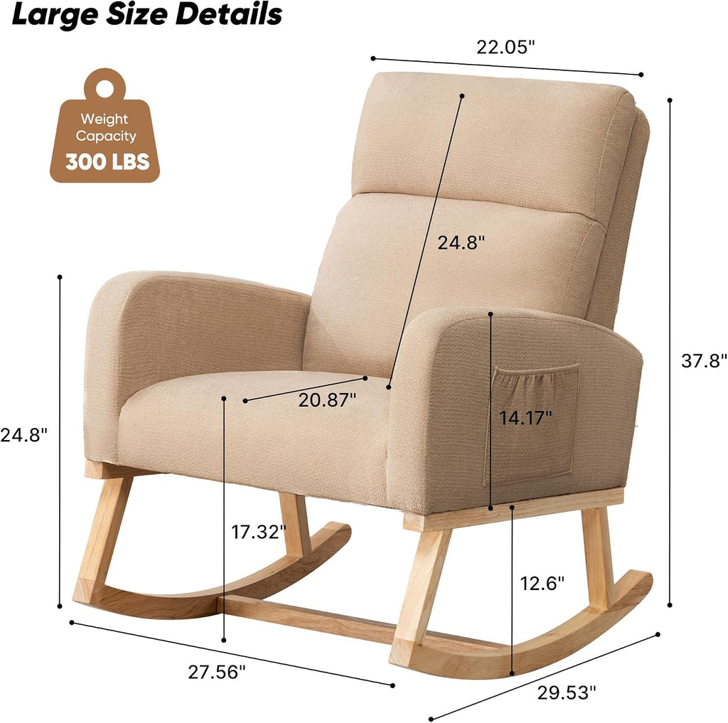 Rocking Chair Nursery, Uplostered Fabric Nursery Rocking Chair, Comfy High Backrest Rocker Nursing Chair for Mom Breastfeeding with Extended Legs for Living Room Bedroom, Khaki