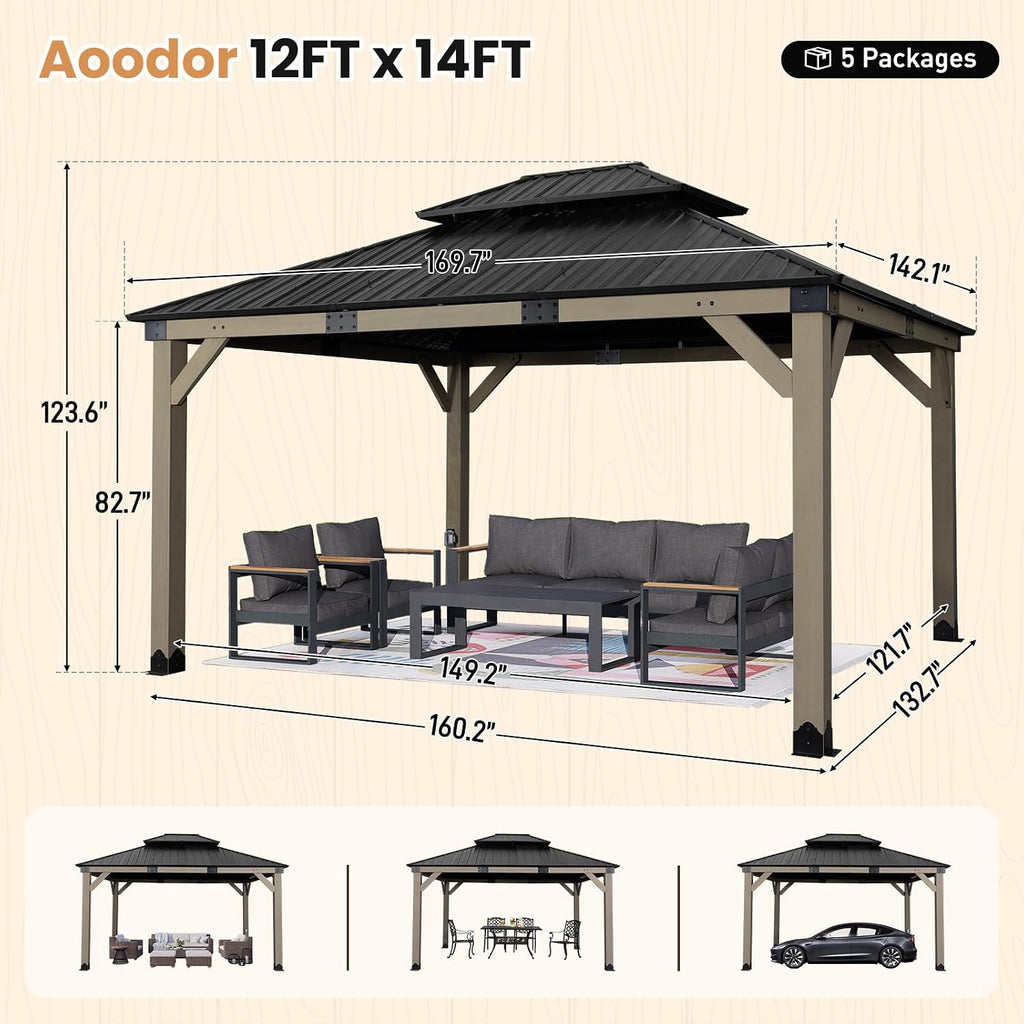 Aoodor 12 x 14 ft Wooden Frame Gazebo with 2-Tier Galvanized Metal Hardtop Roof, Outdoor Patio Gazebo with Charging Socket for Patio, Backyard, Deck, and Lawn