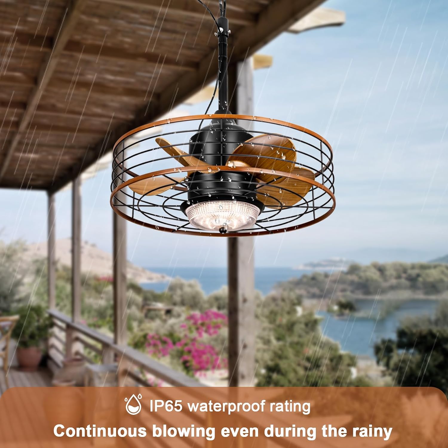 20' Outdoor Ceiling Fan with Light for Patios Waterproof Caged Gazebo Fans Outdoor Hanging Lighting with Plug-in Cord, Dimmable LED, Remote APP Control, 6 Speeds for Pergola Porch Gazebo (Brown)