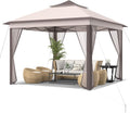 Tangkula 11x11 Ft Pop up Gazebo, 2-Tier Patio Gazebo with Netting, Carry Bag, Easy Set up Outdoor Gazebo with 121 Square Feet of Shade for Backyard, Deck, Poolside (Beige)