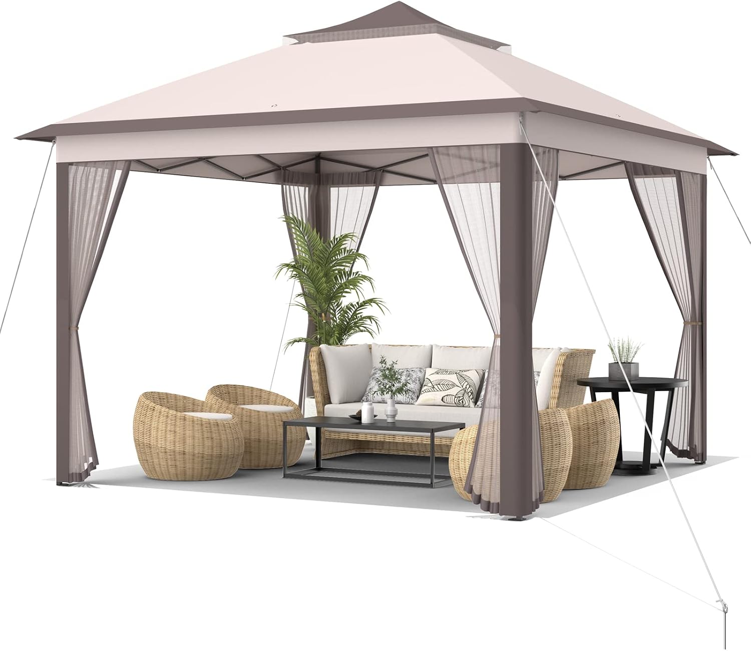 Tangkula 11x11 Ft Pop up Gazebo, 2-Tier Patio Gazebo with Netting, Carry Bag, Easy Set up Outdoor Gazebo with 121 Square Feet of Shade for Backyard, Deck, Poolside (Beige)