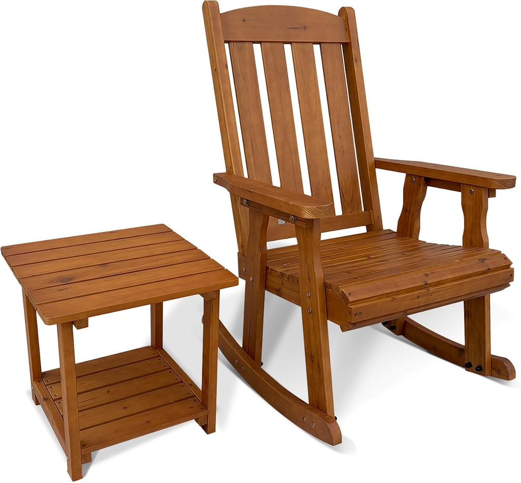 Wooden Rocking Chair with Comfortable Backrest Inclination, High Backrest and Deep Contoured Seat, Solid Fir Wood, Heavy Duty 600 LBS, for Backyard, Porch and Patio (Natural, with Side Table)